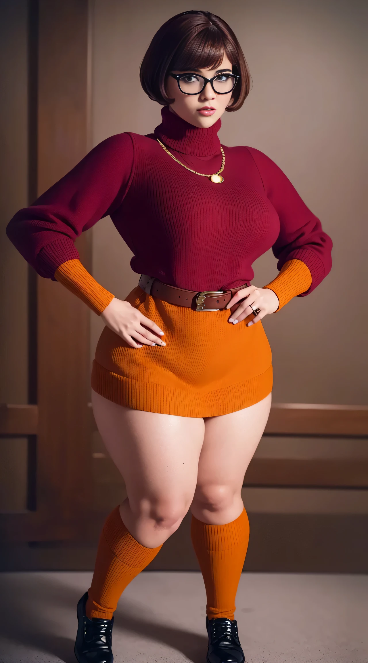 ((masterpiece, best quality, ultra-detailed, ultra-HD, photorealistic, cinematic)), (close-up camera shot:1.2), (sensual pose), (alluring and voluptuous female as Velma Dinkley), perfect anatomy, perfect face, large breasts, proportioned hands, (deep shade of auburn with a slight natural wave hair color, chin-length bob with blunt bangs hairstyle:1.3), (retro-chic style outfit, knee-length and maroon turtleneck dress), (a matching maroon belt that cinches at her waist:1.2), (thick-framed black square glasses), (wears knee-high, mustard-yellow socks that peek out just above her brown, sensible lace-up shoes), (sports a delicate, gold pendant necklace with a small magnifying glass charm), (vibrant orange cardigan slung over her shoulders), ((dynamic background))