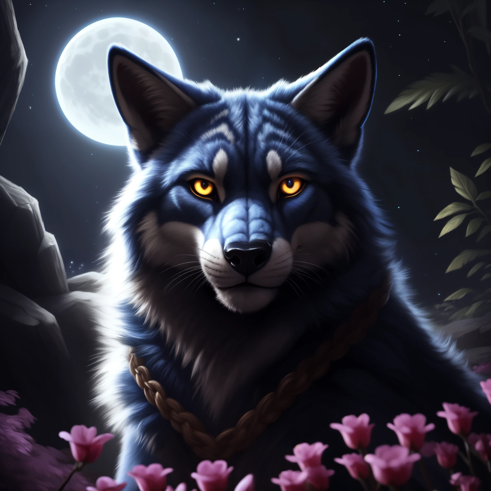 anime,fox,(solitary),night time,enigmatic atmosphere,fur detail,silky texture,glowing eyes,mysterious aura,midnight bloom ambiance,floral wilderness backdrop,vivid colors,dappled moonlight shadows,digital art mastery,(artist inspiration: Rukis_Cruelty:1.0),(artist style emulation: Teagan Gavet|Nayel-ie|Blotch),high-res rendering,detailed foliage overlay,intricate petal design,mist effect,luminous glow worms,natural beauty enhanced,glossy finish,sophisticated shading techniques,surreal environment creation,best quality,hyperrealistic,textured fur effects,dramatic lighting focus,sensual pose,feline grace,lithe figure,elegant tail curvature,subtle expression capture,piercing gaze intensity,intense portrait composition