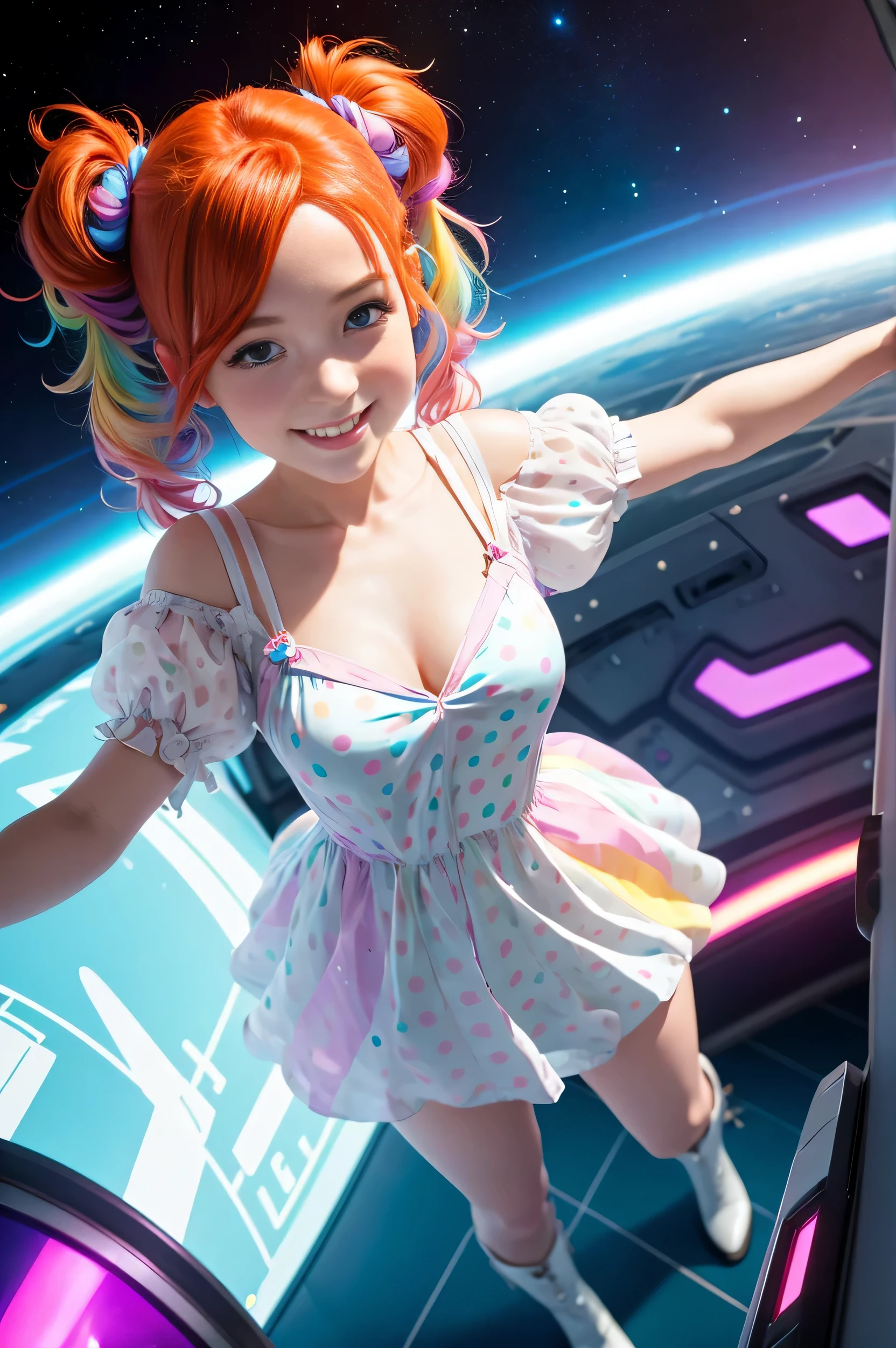(overhead view) Cute redhead with rainbow colored hair tips, ribbons in her hair, 18-year-old woman, happy, smiling, in twin tails, perfect eyes, clear sparkling blue eyes, pale skin, silky smooth skin, flying a fancy metal luxurious space ship, futuristic cockpit, she's a pilot, outer space seen in windows, dark warm lighting, wearing a futuristic party dress, pleated (chemise) mini dress (pastel rainbow colors, and polka dots), puffy sleeves, silk, pantyhose, cute short cut booties, boots.