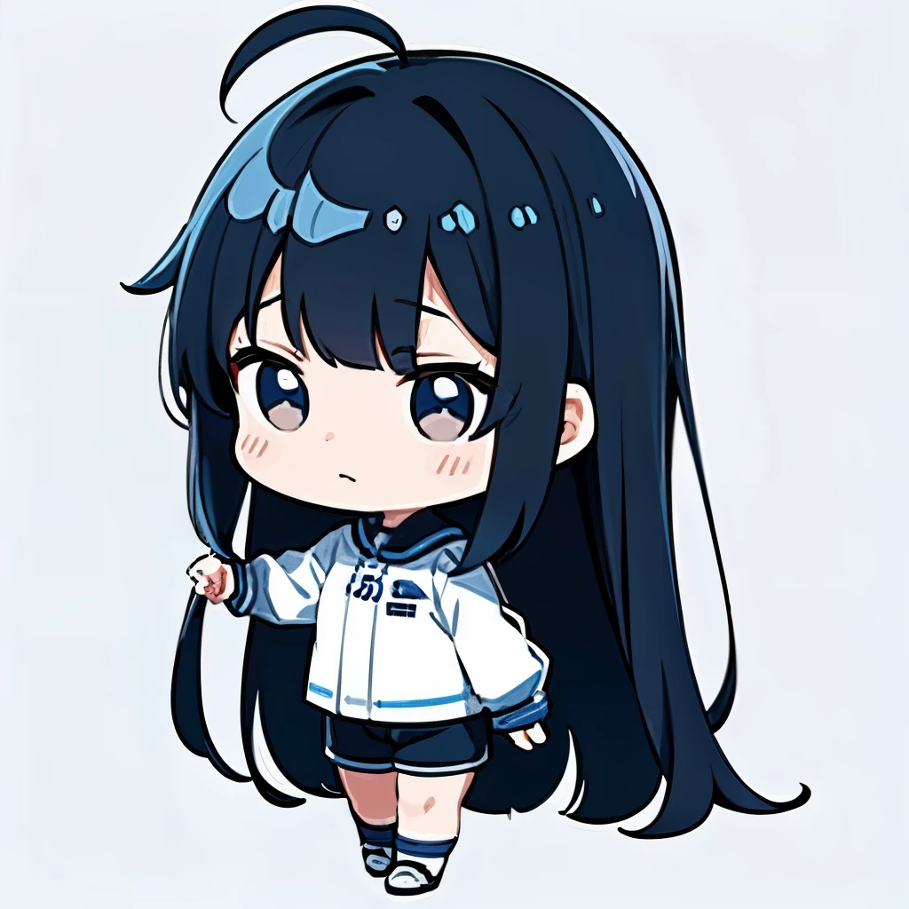 Super high resolution, best aesthetics, Highest quality depiction of feet, white and light blue jersey,  shorts、Black and blue hair on the back, flat avatar,  Anime visuals of cute girls, cute art style, Little,  long black hairヘア, Ahoge, I&#39;m shy, laughter, hair ornaments,drawing on paper,  simple background, long black hair、side lock, large oval eyes,cyber-、cyber-な服