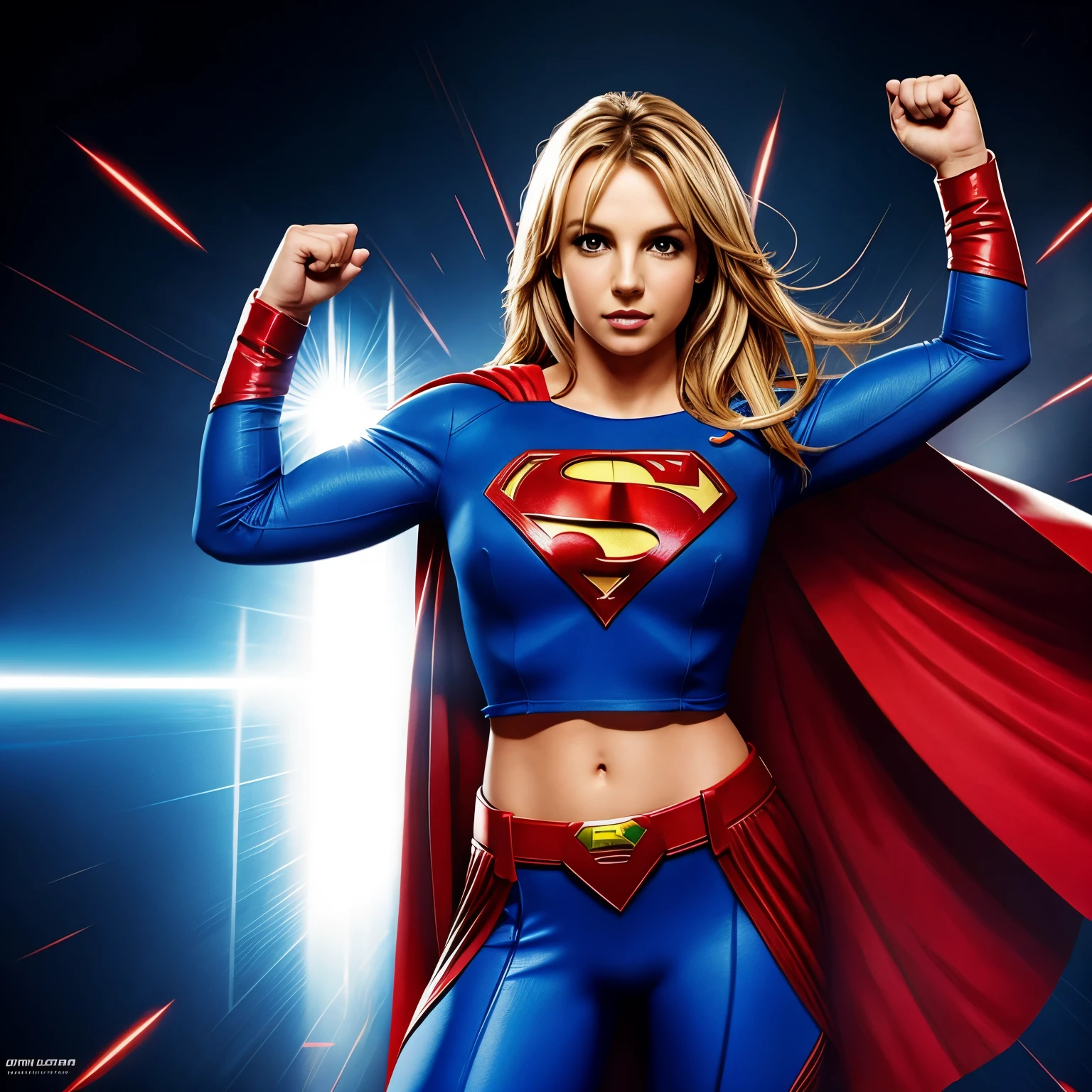 Britney Spears superwoman outfit, con capa y el logo de Superman en el pecho,