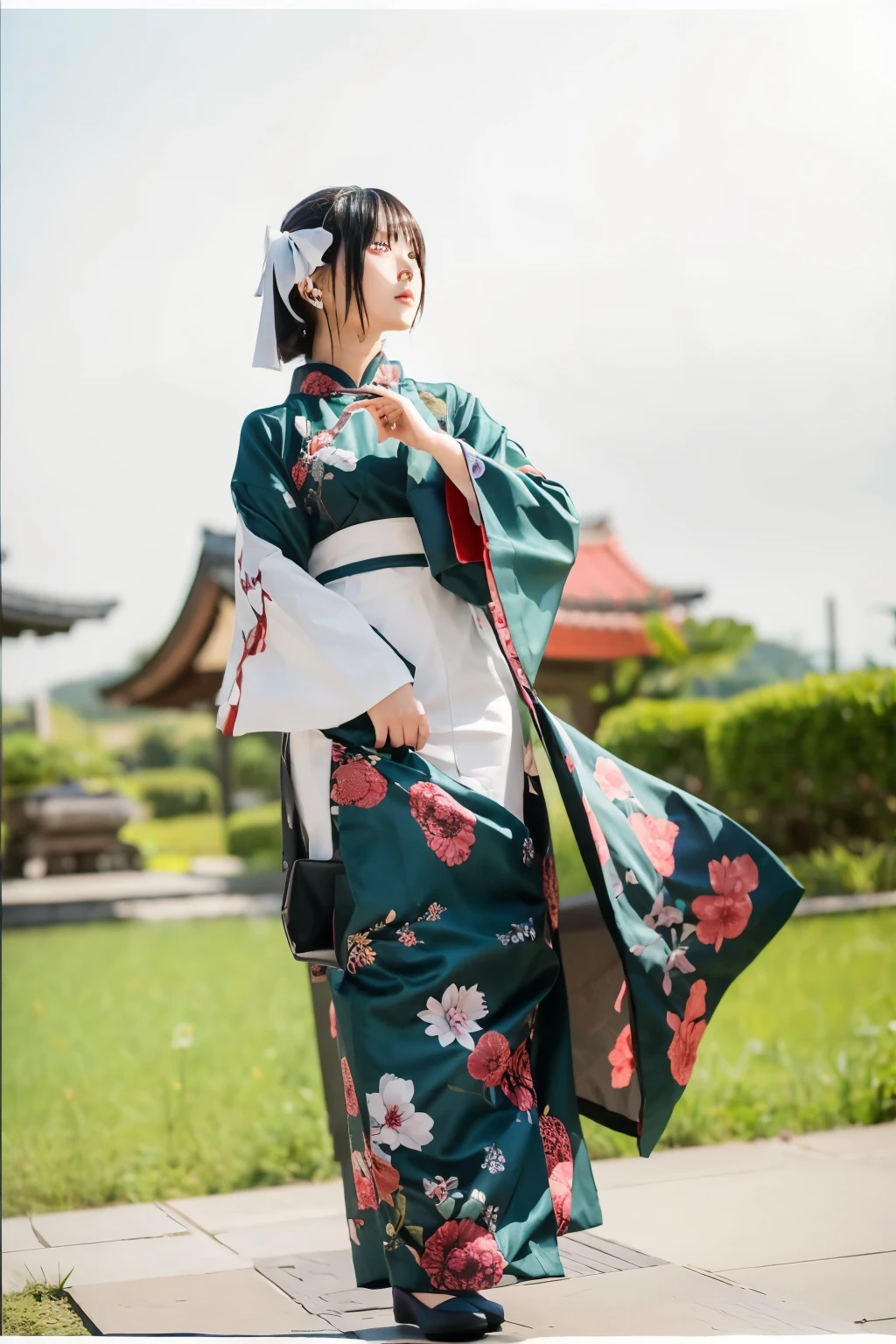 1girl, solo, from above, (white lily flowers), aesthetic, intricate, best quality, detailed background, Sayaka Miki, ((girl wearing a patterned teal kimono:1.2)), (walking in zen garden), casual pose, detailed textures, posing, floral print, hair flower, hair ornament, japanese clothes, kimono, obi, outdoors, pagoda, petals, (teal kimono), sash, shrine, sky, stone stairs, torii, wide sleeves, yukata