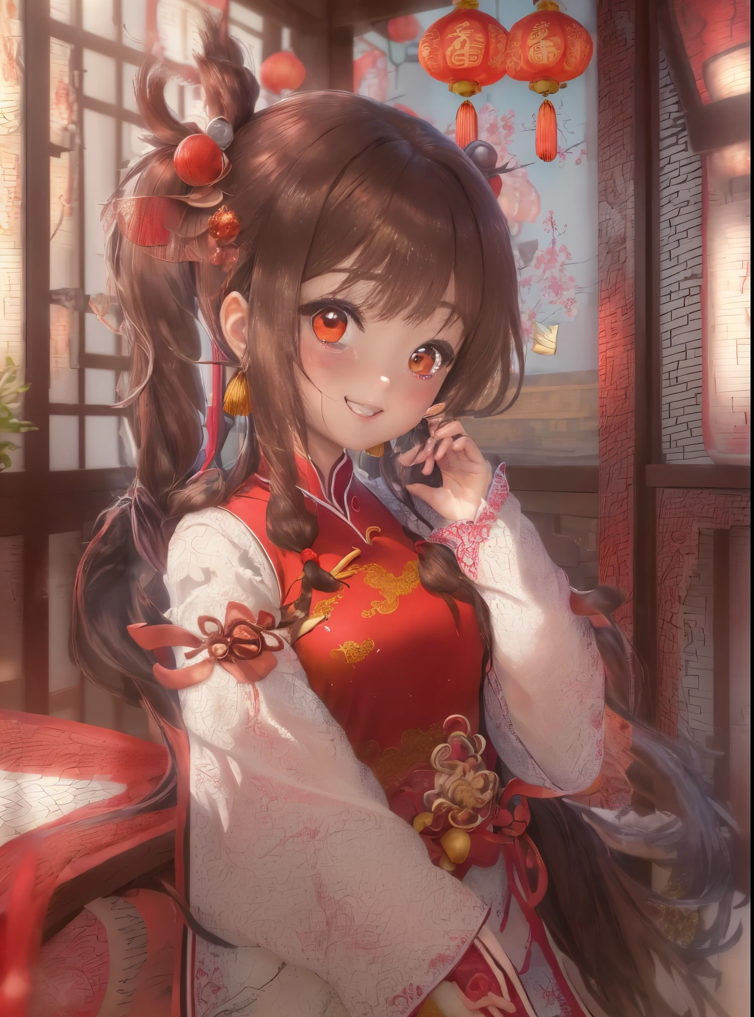 8k,RAW photo,masterpiece:1.2),solo,(super realistic, photo-realistic:1.3),ultra-detailed,extremely detailed cg 8k wallpaper,hatching (texture),skin gloss,light persona,(crystalstexture skin:1.2),(extremely delicate and beautiful),chinese new year,1girl,solo,long hair,looking at viewer,blush,smile,open mouth,simple background,brown hair,hair ornament,red eyes,long sleeves,dress,twintails,brown eyes,shoes,teeth,hand up,low twintails,chinese clothes,red footwear,red background,dragon,easterndragon,,,
