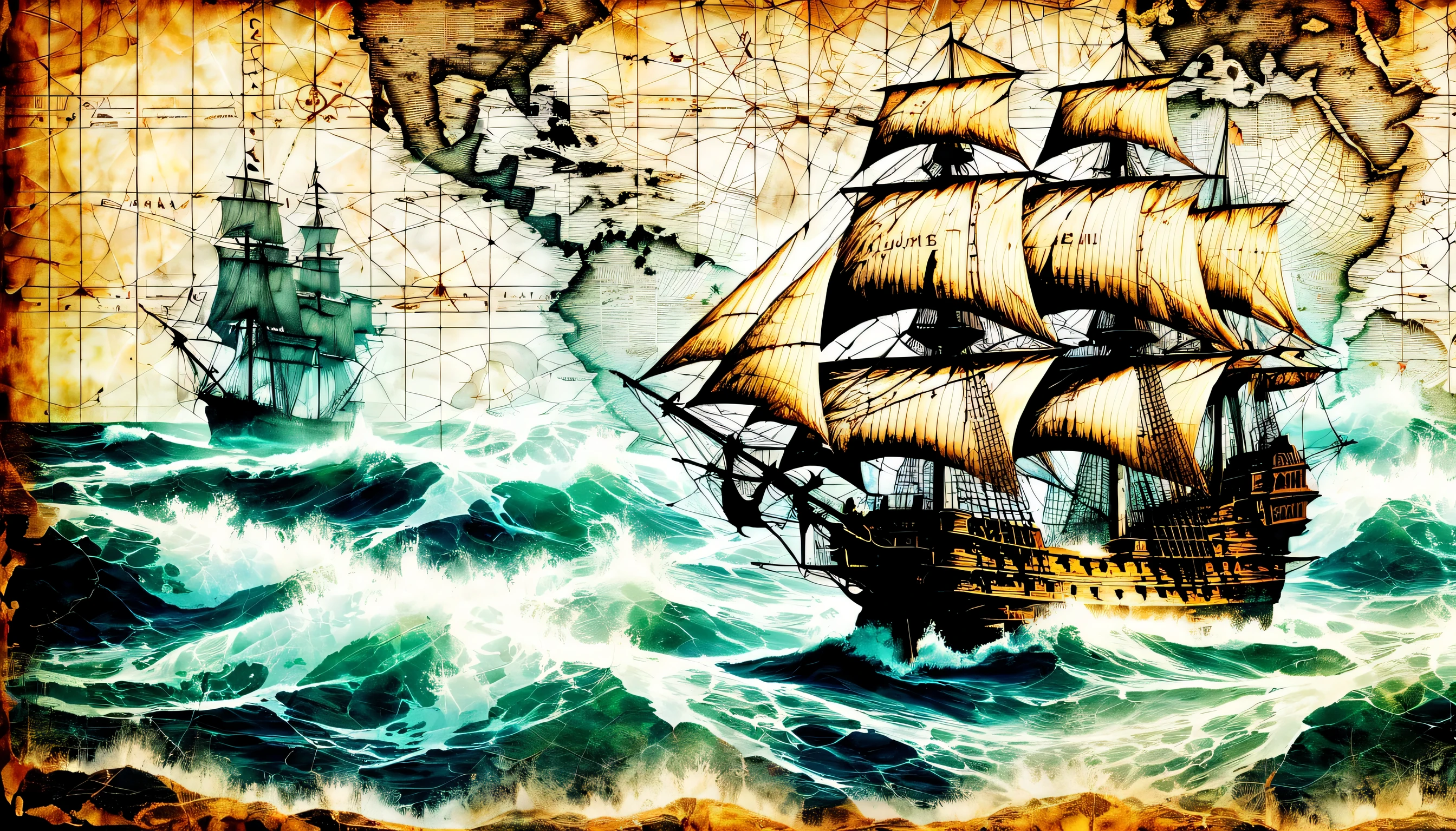 Double exposure of a nautical chart, draw directions on the map, on the map compass, ancient atmosphere paper, Detailed galleon and rough seas background, Intricately detailed digital painting, Beautiful detail shine, high quality, High resolution, Rendering intricate details,