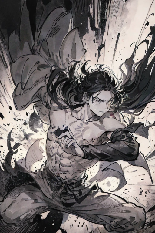 ((High Resolution)), (Open Mouth), (Bust), ((Top Quality)), ((Ultra Fine)) ((Ultra Fine CG)), ((8k_wallpaper)), Dynamic Angle, Floating, (Eyes with Beautiful Details), Very Delicate and Handsome man, Upper Body, Ink Painting, (Medieval Style), Red Eyes, Burning, Detail Light. from_low, (black hair), (red spider lily: 1.33), aqua eye, Bloom, single, starry sky, sword earrings, jewelry, messed up hair, bare shoulders, half-closed eyes, bloom, ((for men)), fairy, (Hanfu: 1.3), (medium breasts): 1.2), (eye visible through hair: 1.2), (solo)), red moon