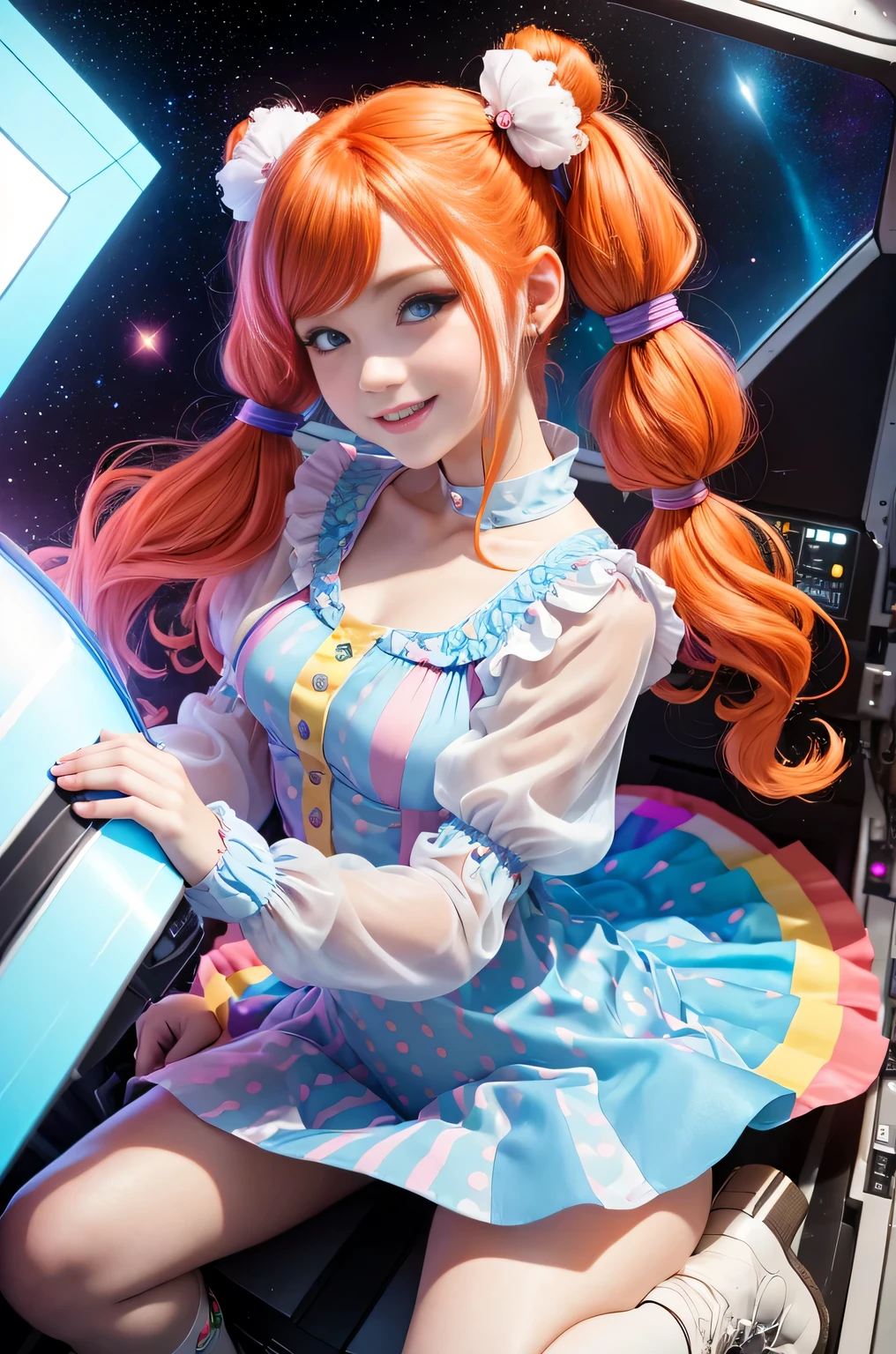 (overhead view) Cute redhead with rainbow colored hair tips, ribbons in her hair, 18-year-old woman, happy, smiling, in twin tails, perfect eyes, clear sparkling blue eyes, pale skin, silky smooth skin, flying a fancy metal luxurious space ship, futuristic cockpit, she's a pilot, outer space seen in windows, dark warm lighting, wearing a futuristic party dress, pleated (chemise) mini dress (pastel rainbow colors, and polka dots), puffy sleeves, silk, full body pantyhose, cute short cut booties, boots.