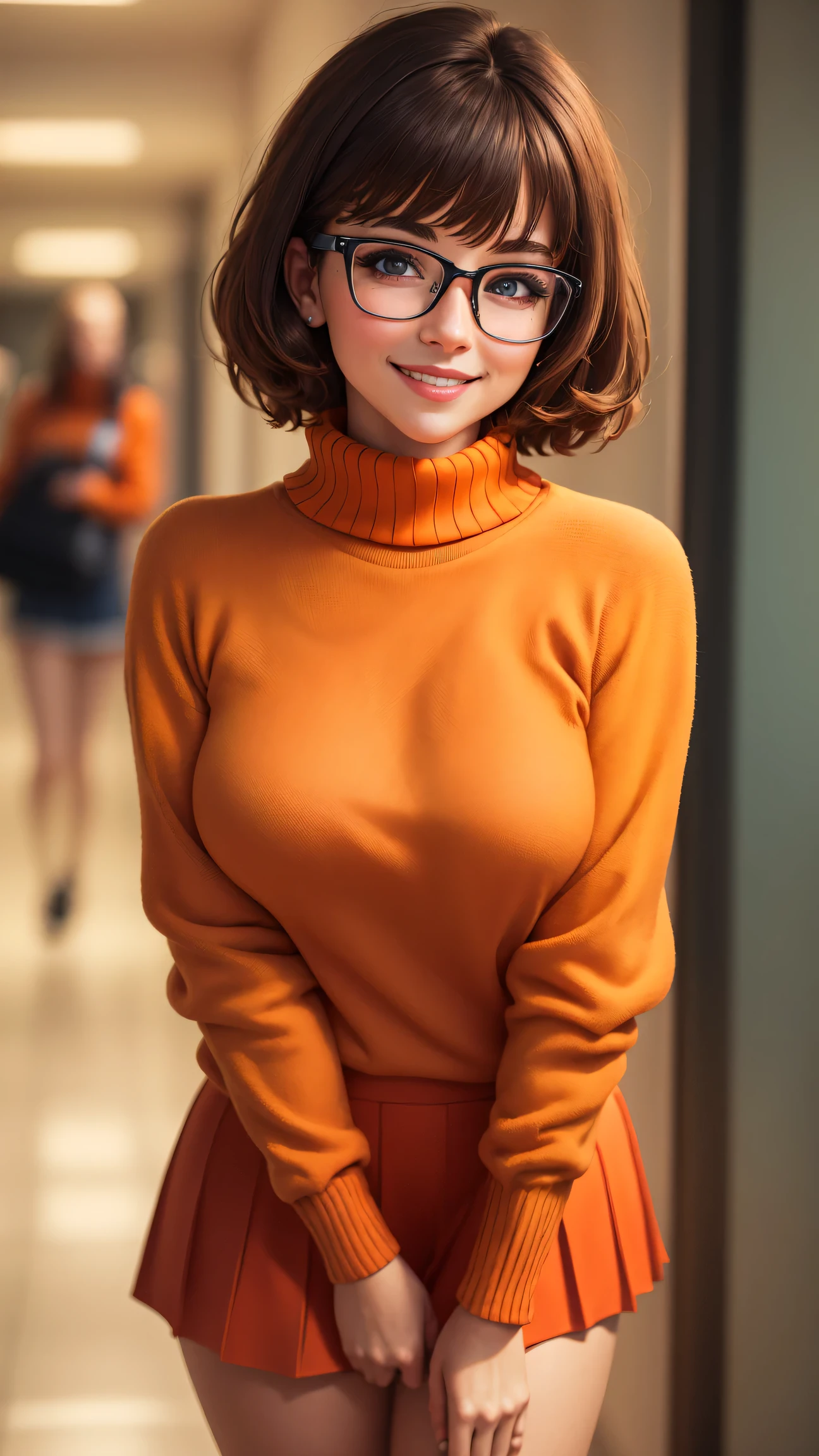 masterpiece, depth of field, photorealistic, absurdres, best quality, 8k, best quality, 1girl, female, young, portrait, perfect lighting,  cinematic lighting,  looking at viewer, velma dace dinkley, (perfect body), solo, blush, breasts, brown eyes, (dark brown hair:1.2), glasses, medium breasts, lips, looking at viewer, nose, orange shirt, (orange sweater:1.2), short hair, smile, sweater, (turtleneck:1.2), turtleneck sweater, red skirt, orange socks, (tight clothing), portrait, school, (day:1.2), school hallway, smile, depth of field, happy, magnificant glass