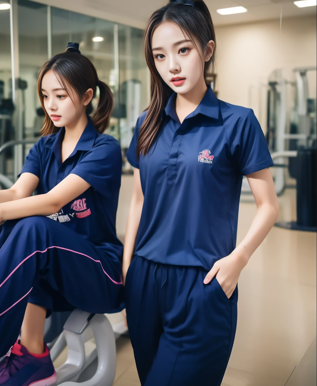 2 girls in fitness center, Navy blue short-sleeved shirt,Navy Long Trackpant,Sweatpants, Sweatpantsขายาว,25 year old girl, lesbian, sexy, exercise clothes, wet body, exercise clothes