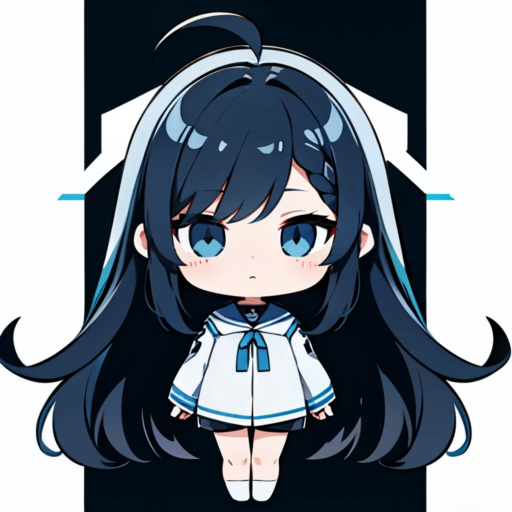 Super high resolution, best aesthetics, Highest quality depiction of feet, white and light blue jersey, shorts、Black and blue hair on the back, flat avatar, Anime visuals of cute girls, cute art style, Little, long black hairヘア, Ahoge, I'm shy, laughter, hair ornaments,drawing on paper, simple background, long black hair、side lock, large oval eyes,cyber-、cyber-な服