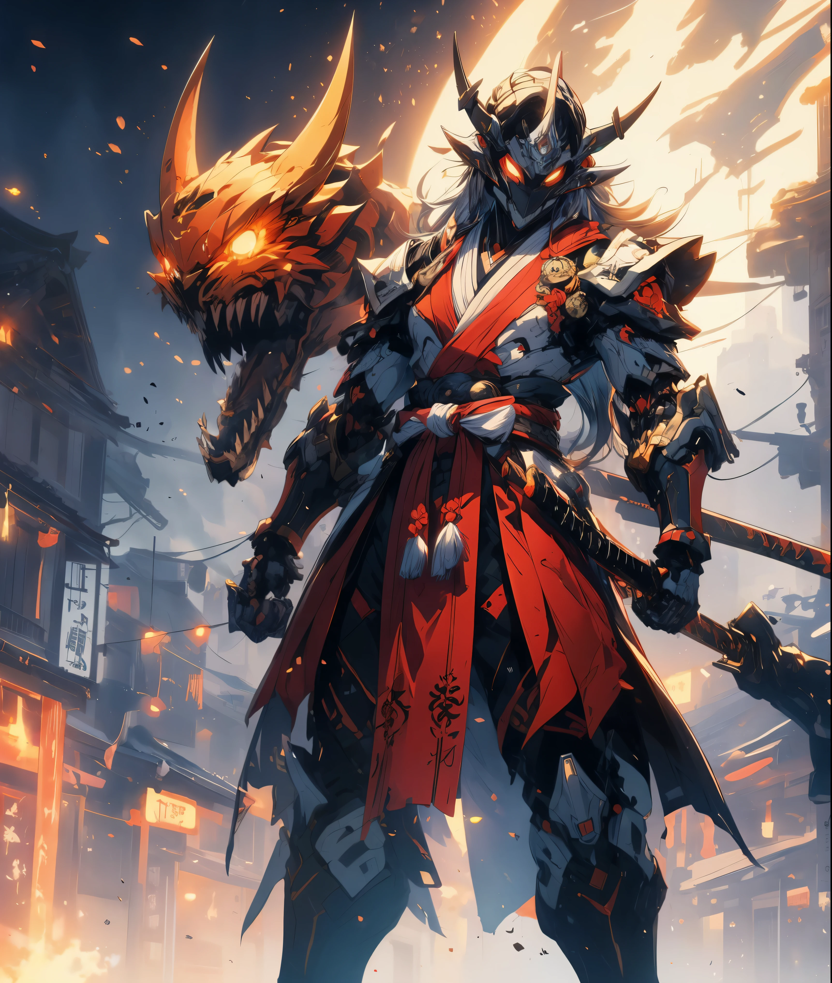sky, cloud, holding_weapon, no_humans, glowing, robot, building, glowing_eyes, mecha, science_fiction, city, realistic,mecha, a close up of a cartoon character with a demon face, demon samurai, villain wearing a red oni mask, a demon samurai warrior, samurai with demon mask, oni horns, handsome guy in demon slayer art, neon samurai, handsome Japanese demon boy, demon samurai mask, demon slayer art style, oni mask, onmyoji portrait, onmyoji detailed art, oni, full body view, ultra-highr quality, high detailed art,