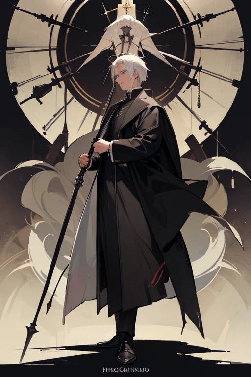 priest.black.From head to toe.White-haired. mature. thurible. Halo. crucifixion. dangerous. victorian.men coat.whips