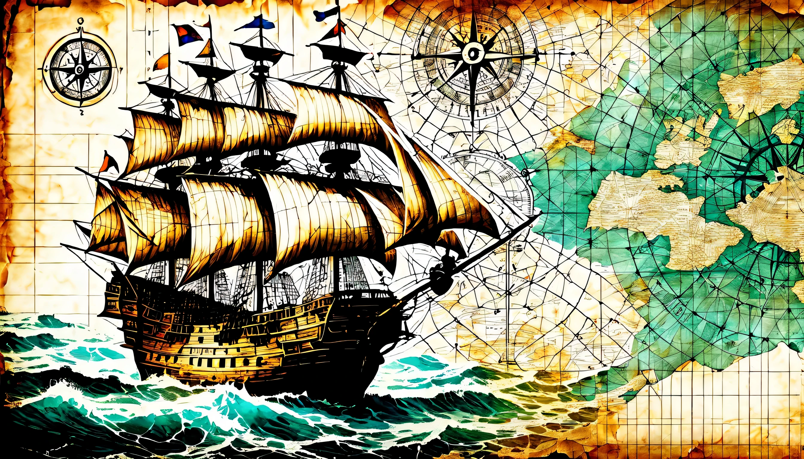 Double exposure on a nautical chart, draw directions on the map, on the map compass, ancient atmosphere paper, Detailed galleon and rough seas background, Intricately detailed digital painting, Beautiful detail shine, high quality, High resolution, Rendering intricate details,