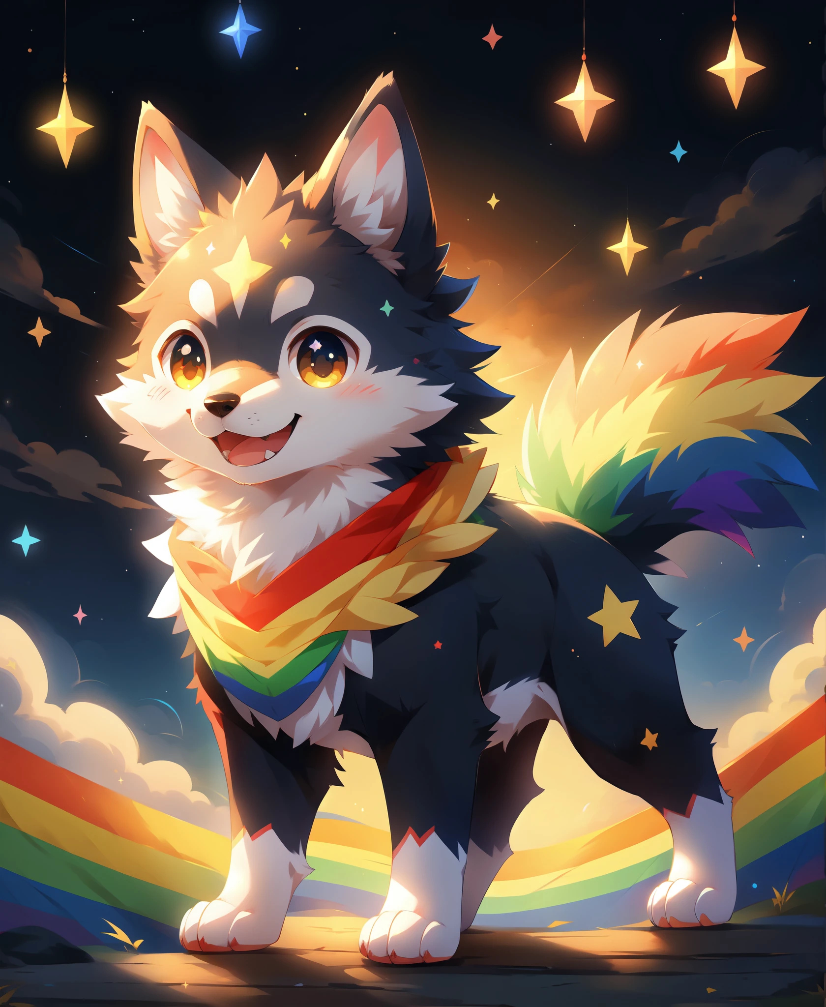 hi res, nsfw, kemono, kawaii style, furry, solo, male, wolf , feral, quadruped, cute, adorable, brightly colored, cheerful, anime influence, highly detailed, star, rainbow, glitter, stripes, crescent moon, bloom, rim lighting, lens flare, god rays, gradients, (huge canine penis, huge knot), huge balls, canine penis, glowing penis, glowing