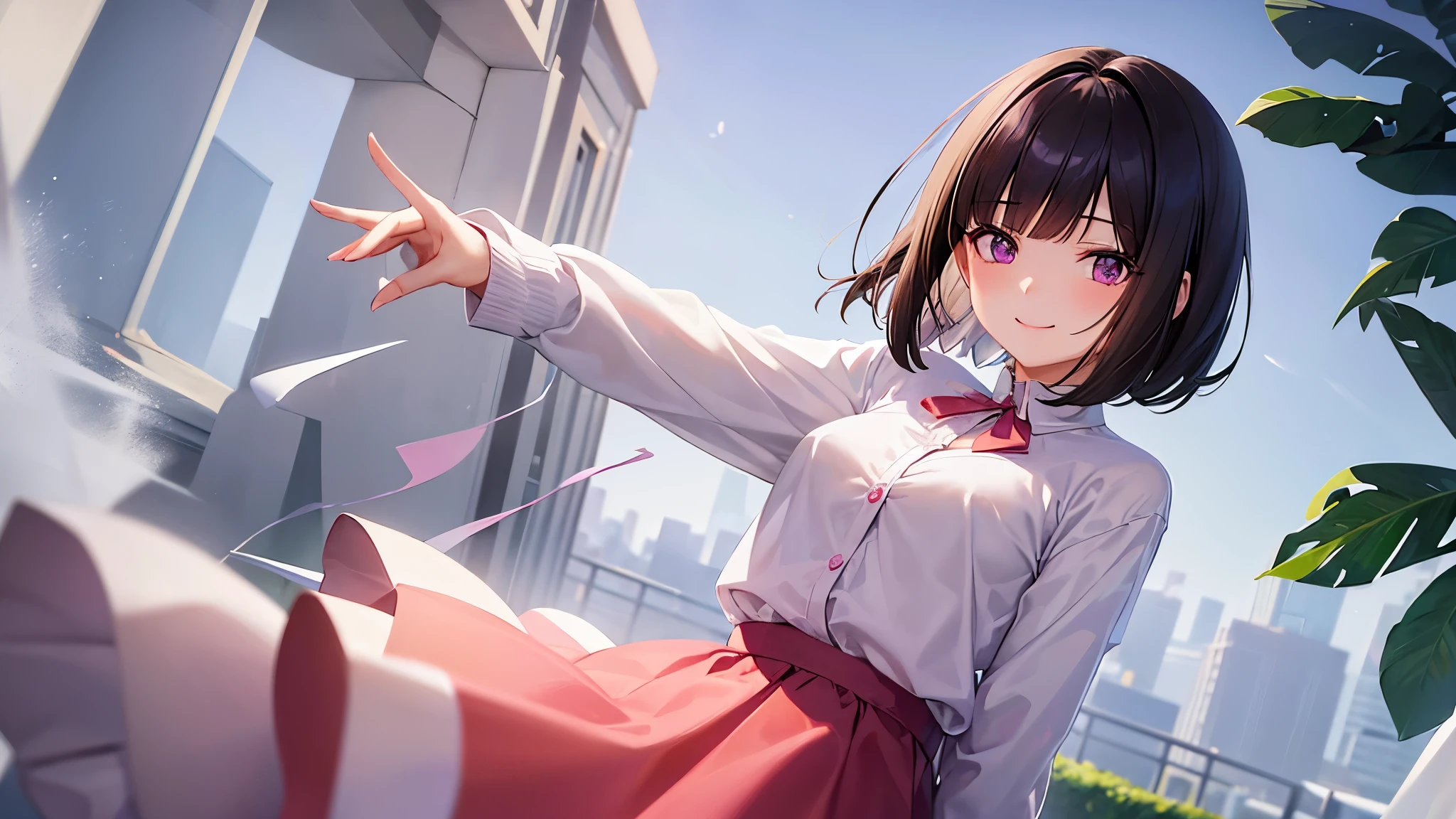 very cute girl、dark brown hair、bob cut、Side tail、short hair、Violet eyes、smile、Crystal clear white skin、white blouse、pink cardigan、Red skirt、whole body、grassland。