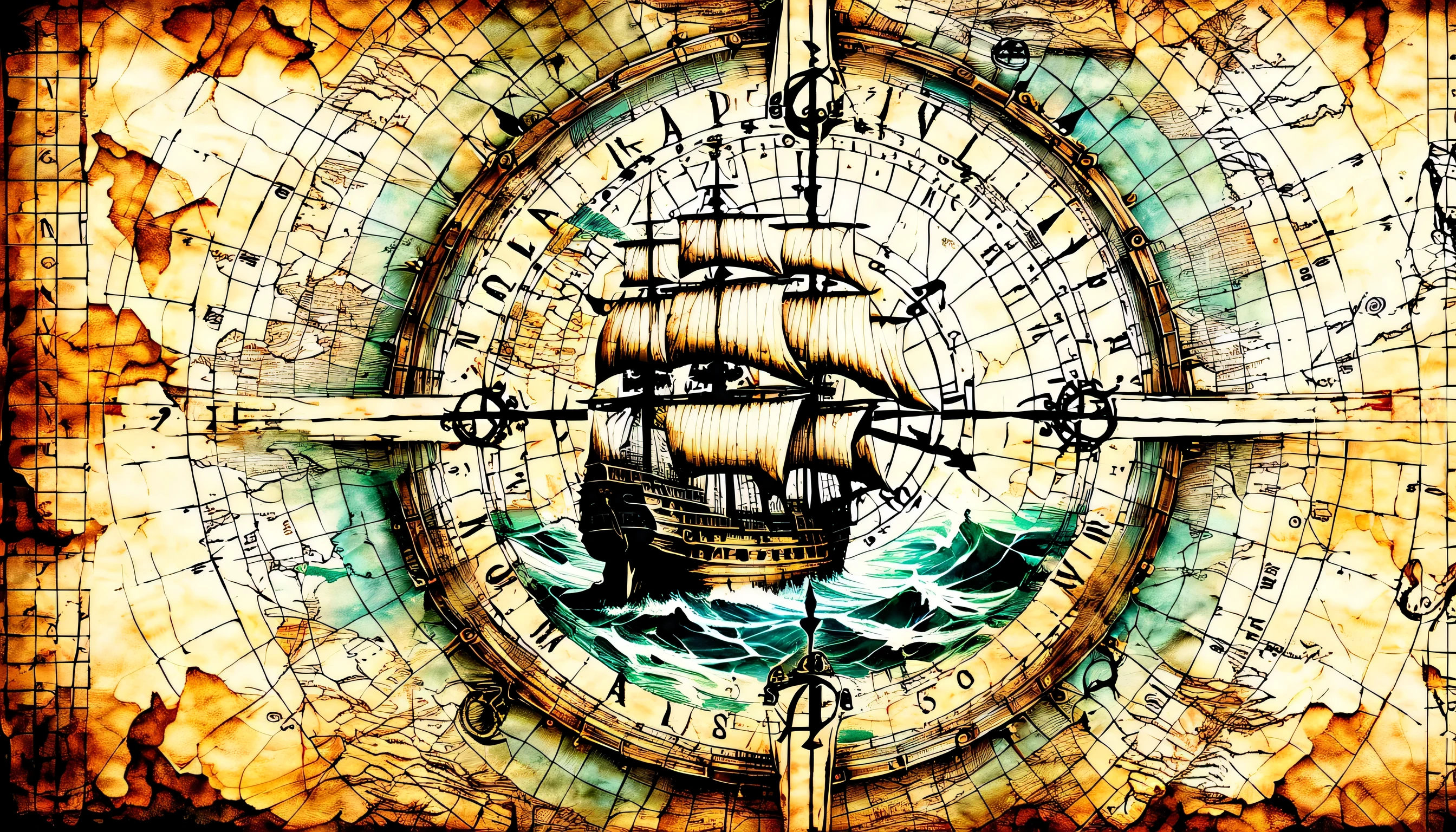 Double exposure of a nautical chart, draw directions on the map, on the map compass, ancient atmosphere paper, Detailed galleon and rough seas background, Intricately detailed digital painting, Beautiful detail shine, high quality, High resolution, Rendering intricate details,