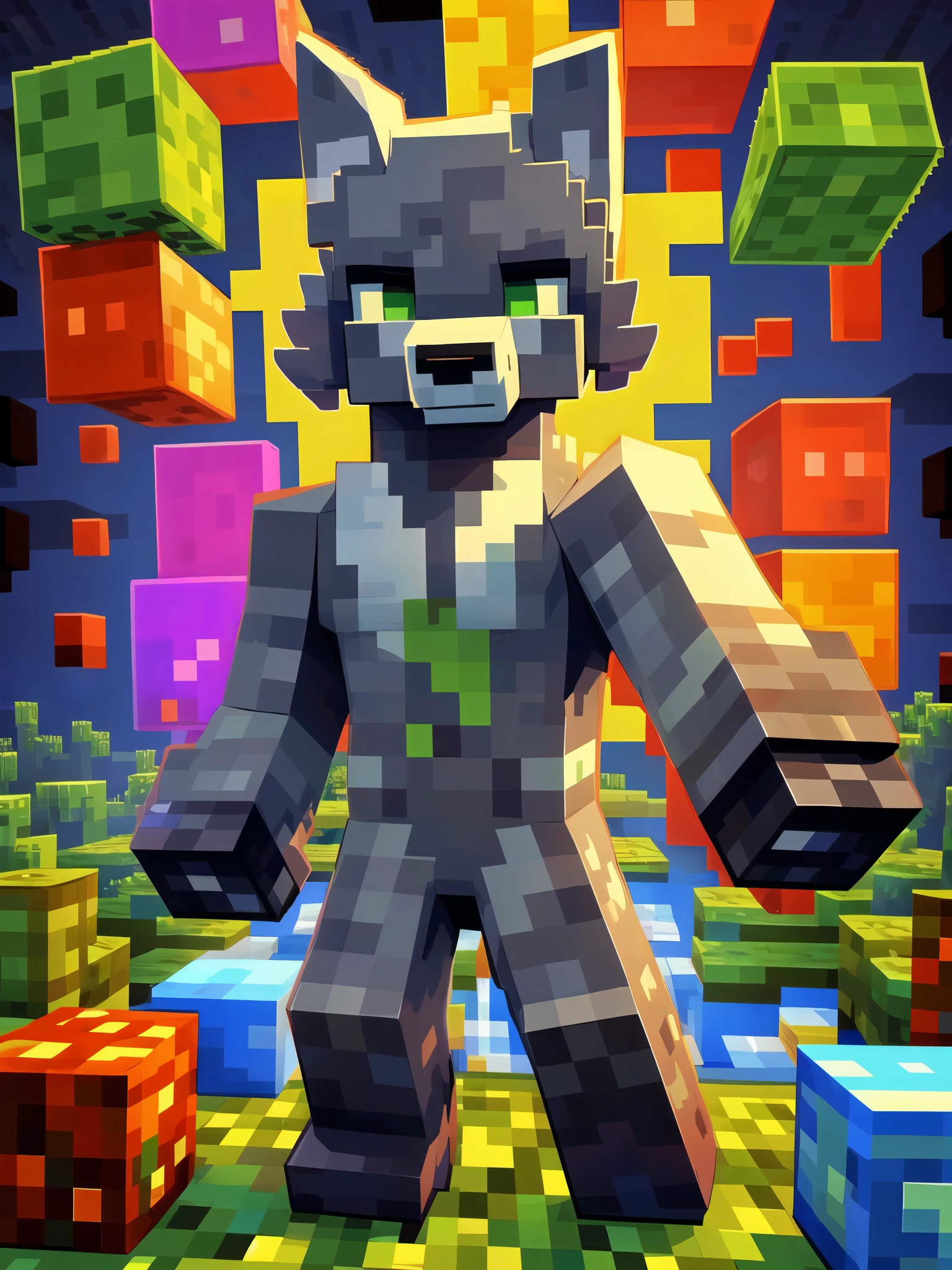 Minecraft style, minecraft, anthro, solo, male, wolf, blocky, pixelated, vibrant colors, recognizable characters and objects, game assets