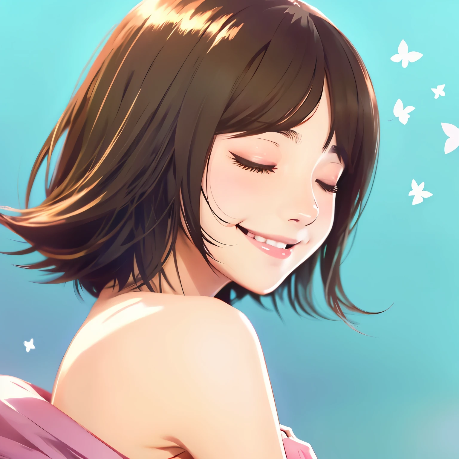 Illustration of a woman with a soothing smile, anime style, Bob hair, close your eyes and hug