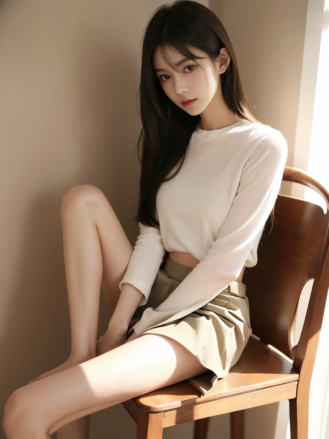 (Photorealistic),(Masterpiece),(ultra-detailed),a very pretty tall 20 year old girl who has not eaten for 10 years, extremely thin and frail, arm and legs extremely thin as a stick with no fat, extremely malnourished,big eyes, feeling but enduring extreme hunger(hands on stomach), wearing a loose hoodie and loose skirt, long hair,big eyes, extremely small face,have no fat,extremely weak,whole body,extremely feeble,sitting,legs and thighs extremely thin as arms,have almost no energy because she is extremely starving and malnourished, struggling to sit up,verge of starving to death,feeling extreme hunger,just skin on bones(have no fat),about to faint of hunger