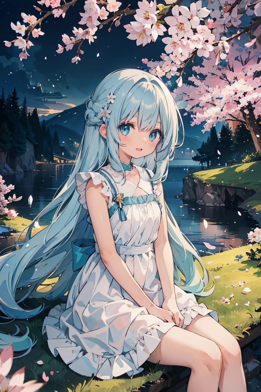 (masterpiece), landscape, Fantasy scene of moon on starlit night, peaceful、An atmosphere of mystery and purity,like a fresh、Innocent and gentle dreams ,Cherry blossoms, petal, light particles, Upper body, 1 girl, white dress, curls, flowing hair, Smile, sitting, open mouth,Soulful gaze, light particles, Light blue hair, aqua eyes, looking at the audience, Face focus
