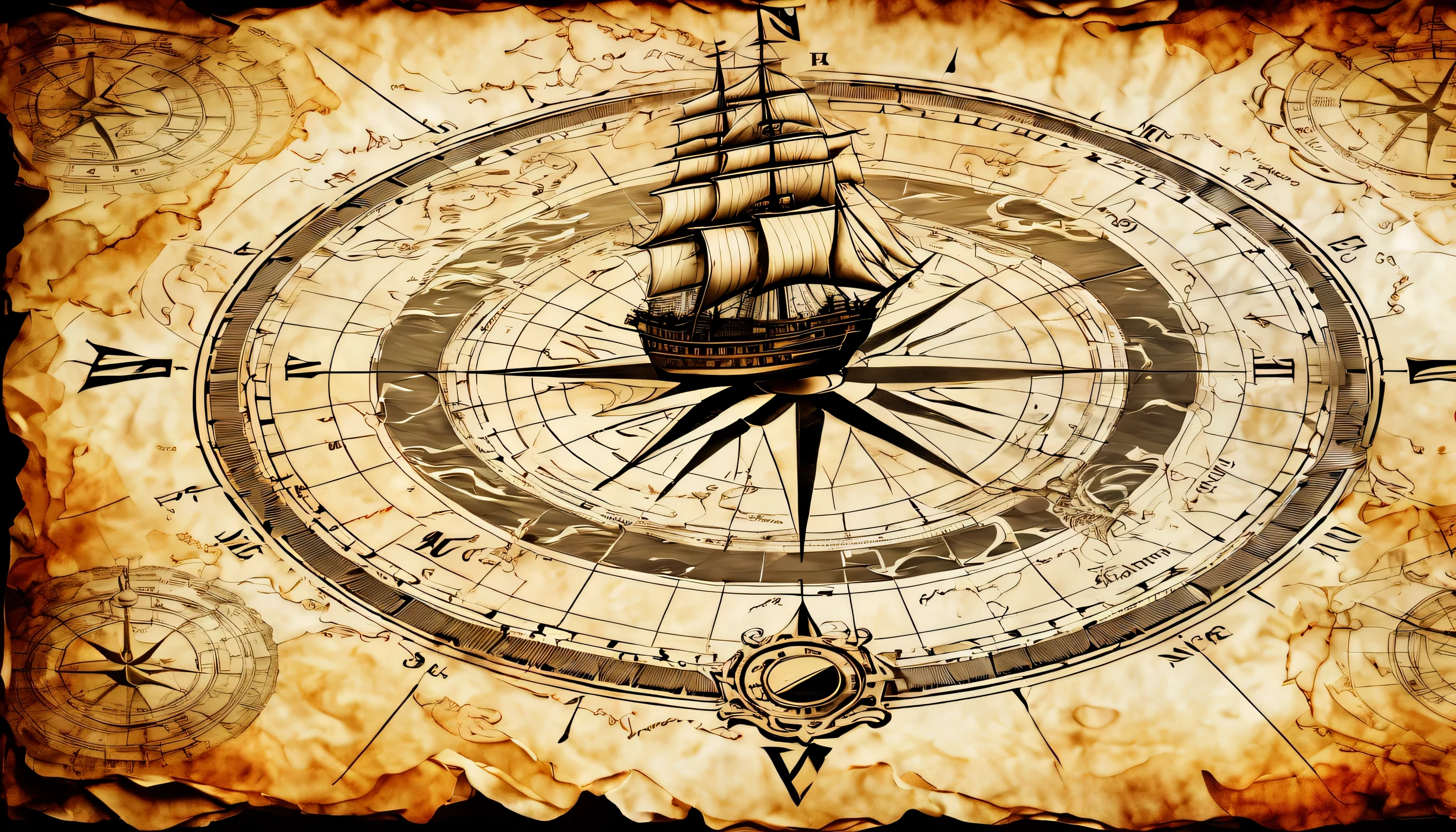 Double exposure of a nautical chart, draw directions on the map, on the map compass, ancient atmosphere paper, Detailed galleon and rough seas background, Intricately detailed digital painting, Beautiful detail shine, high quality, High resolution, Rendering intricate details,