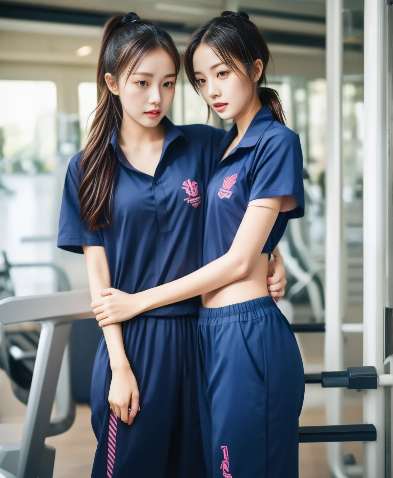 2 girls in fitness center, Navy blue short-sleeved shirt,Navy Long Trackpant,Sweatpants, Sweatpantsขายาว,25 year old girl, lesbian, sexy, exercise clothes, wet body, exercise clothes