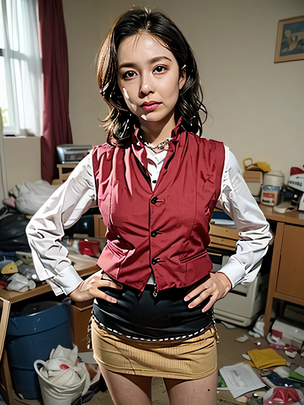 (High level of image quality、high quality、high resolution、Masterpiece、detail、8k)、(a mature woman)、((There is a chain on the collar))、Brown messy long curly hair、(weight loss:1.2)、(small breasts:1.2)、(wearing micro bikini:1.2)、Expose a pit、one hand on hips、permanent、(holding something big in hand:1.2)、(old apartment)、(The room is full of garbage:1.2)、(The walls are dirty:1.2)、(tight vest:1.5)、(tight mini skirt:1.5)