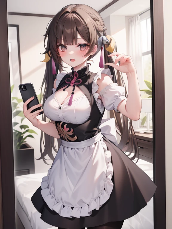 best quality, masterpiece, soft lighting, highresmasterpiece, best quality, sushang, long hair, twintails, darkbrown hair, 1girl, breasts, pantyhose, hairclip, open mouth, looking at viewer, apron, maid, black pantyhose, black dress, frills, short sleeves, jewelry, blush, maid apron, large breast, multicolored hair, masterpiece, best quality, highly detailed,pleading face, masterpiece, best quality, ultra-high-detailed, mirror, selfie, holding phone,
