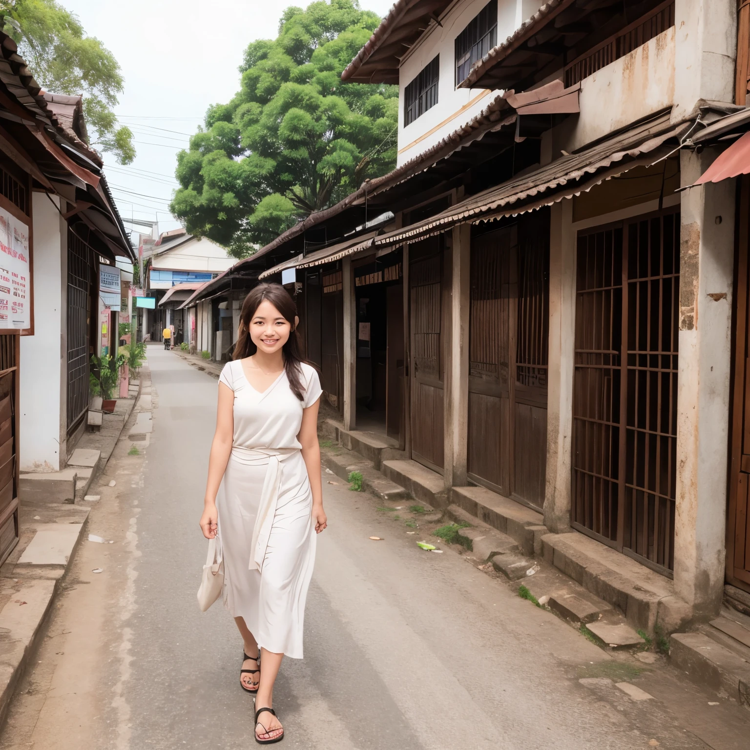 She has a big brown eye with lovely smile. She walk along the road of Thailand ancient town