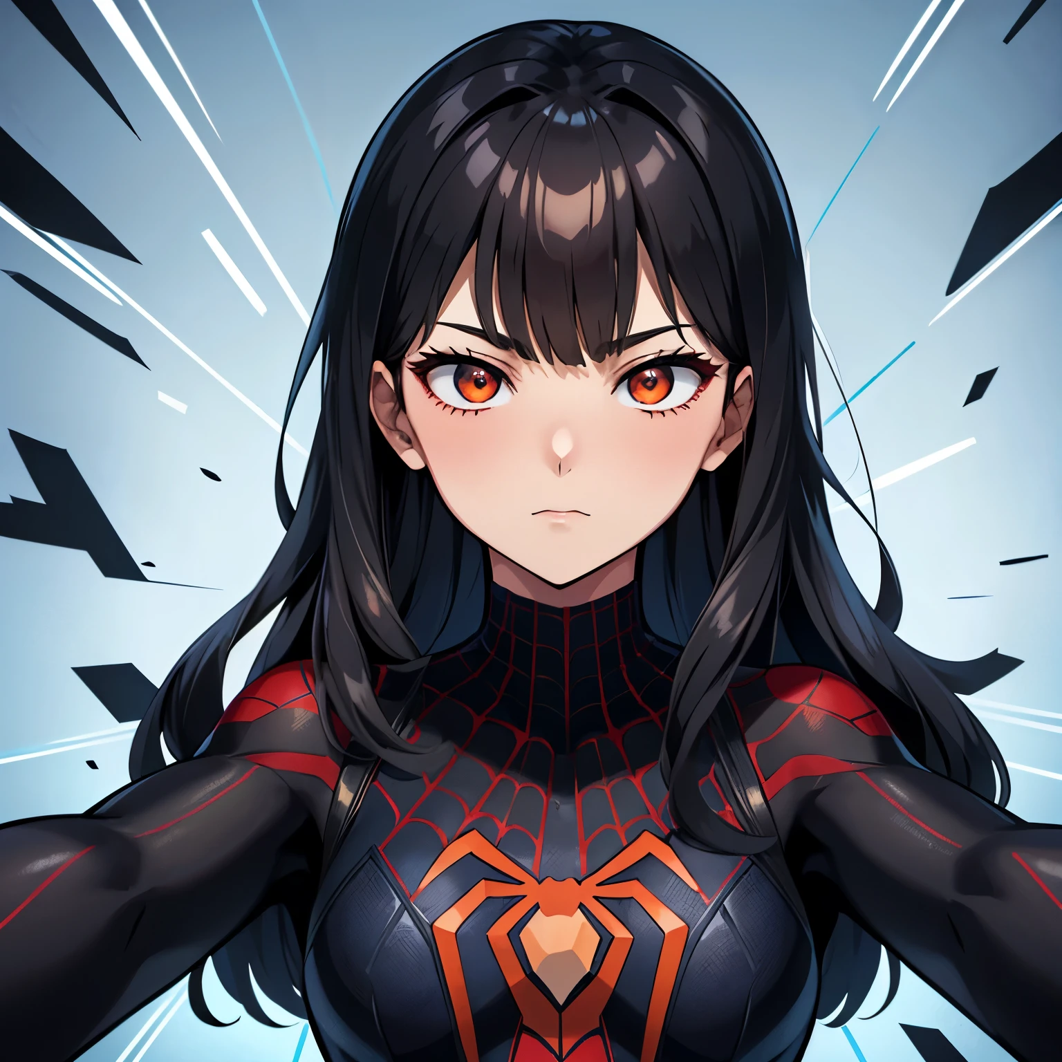 Create a Spider-Man persona that’s a Girl who looks 19 she has tan skin and long black hair with bangs. Her eyes are brown, and her face looks Korean. Her spidersuit is black with red and white accents. She’s from the Spider-Man into the spiderverse universe. 