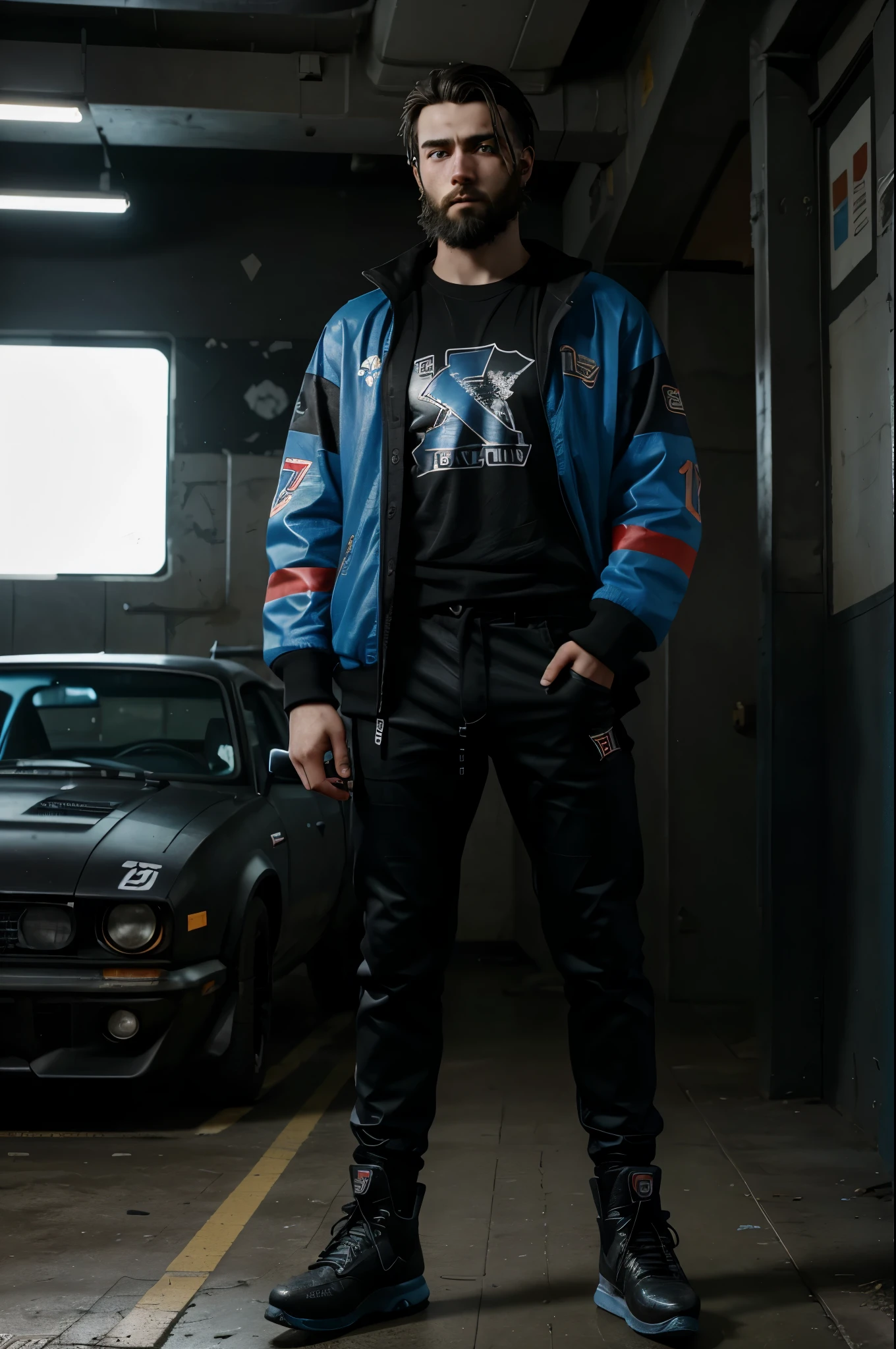 Cyberpunk 2077, Guy, 18 years old, with a beard, short black disheveled hair, blue eyes, black pants, a hockey jersey of the Soviet hockey team, stands against the background of an old Soviet car