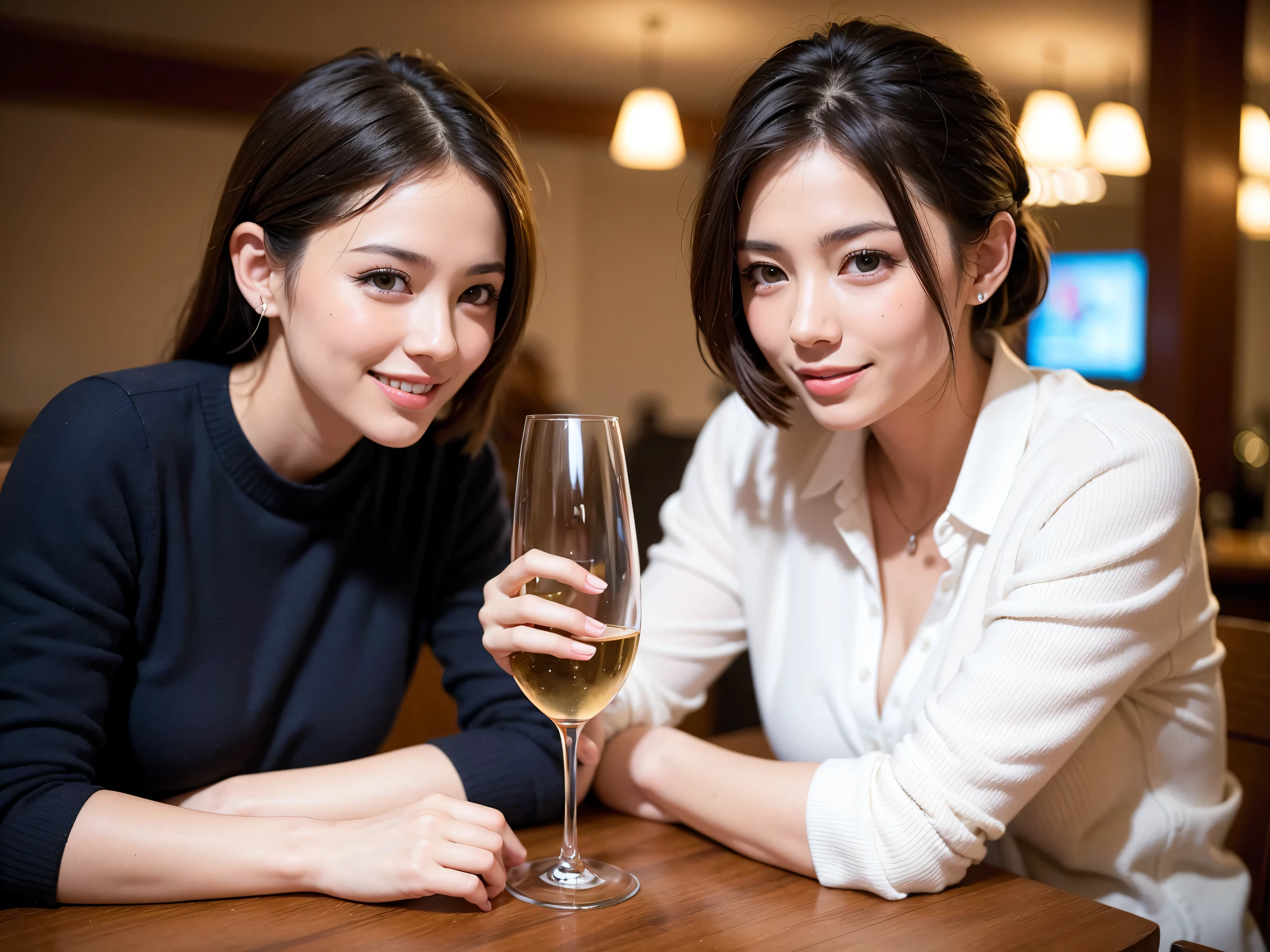 (including 64k, nffsw, highest quality, table top: 1.2), (realistic, photorealistic: 1.37), long sleeve shirt、winter fashion、Colombia、Brazilian、Japanese、Dutch、German、Portuguese、Belgian、Italian、french,champagne、Sparkling wine、 (slimフェイス), (slimボティ), (brown hair), (shortcut), Neat beauty、cheeks blush a little, (35 years old), 38 years old, alone, 窓の外には美しく緻密なnight景が広がります., restaurant, wine glassが座っている, nightに, in a prominent place (from the Upper body) nova frog style, actress, model, Upper body, White wine, slim, wine glass, Super Clean night View, wine glass Put in the Middle, Happy smile, (smile: 1.15), beautiful and detailed eyes, Upper body, bust japan up, night, short, short, actress, model, Upper body, White wine, slim, wine glass, Super Clean night View, wine glass Put in the Middle, Happy smile,