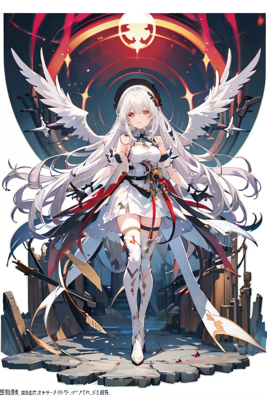 dynamic poses，Slender long legs，long white hair, red pupils, White strappy over-the-knee boots, White long gloves, White elbow length gloves, White high heel over the knee boots, White over-the-knee boots, belt, leg rings, (), , white dress, Anime characters standing in front of the window，long white hair and white wings, White-haired God, Trends in ArtStation Pixiv , Highly detailed official artwork, Starting from the night of the ark, Kusart Krenz Women in Critical Art, Detailed key animation art, Digital art on pixiv, 《Genshin Impact》Keqing in, Azure Lane风格, from《Azure Lane》Electronic games
