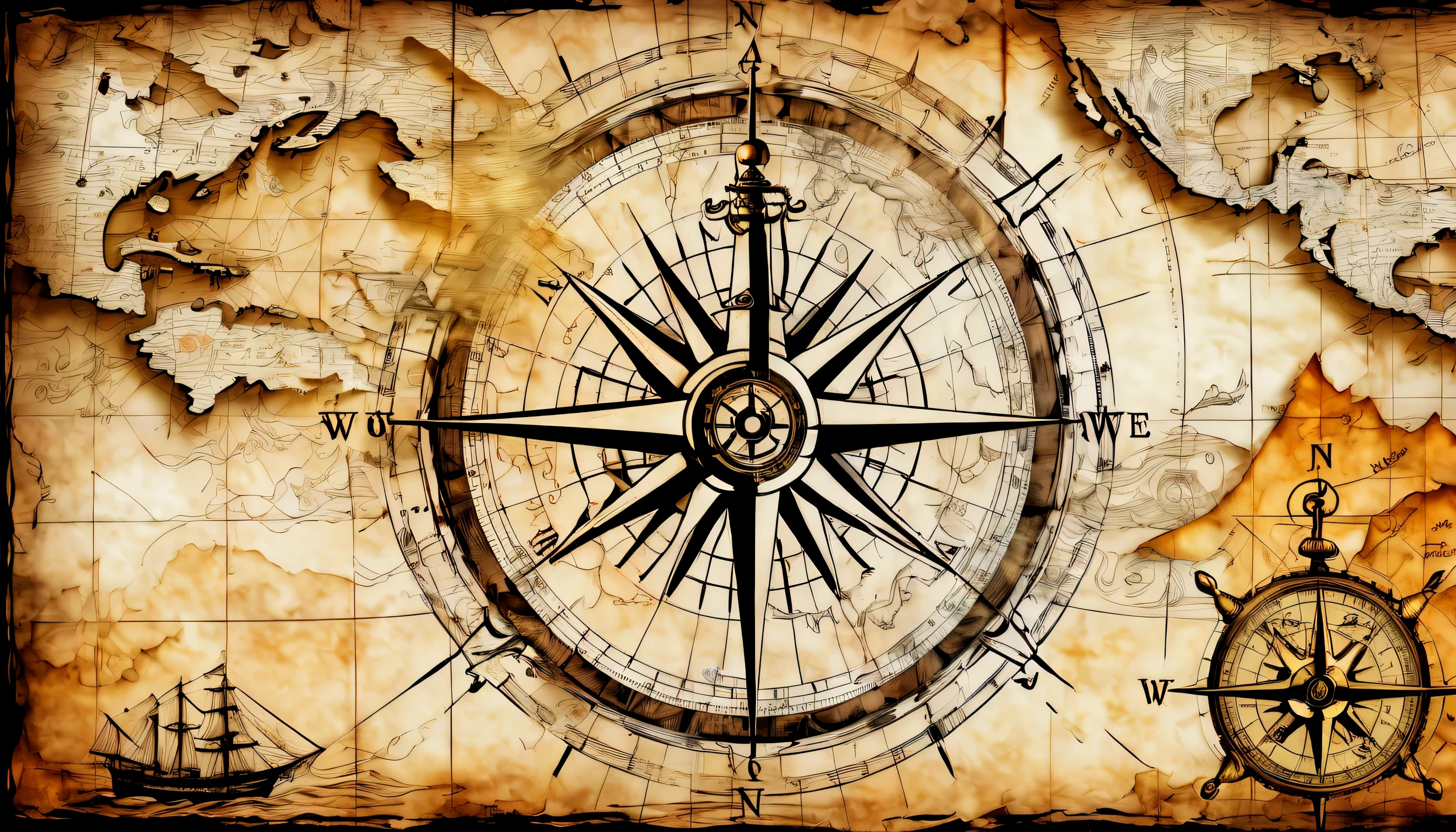 Double exposure of a nautical chart, draw directions on the map, on the map compass, ancient atmosphere paper, Detailed galleon and rough seas background, Intricately detailed digital painting, Beautiful detail shine, high quality, High resolution, Rendering intricate details,