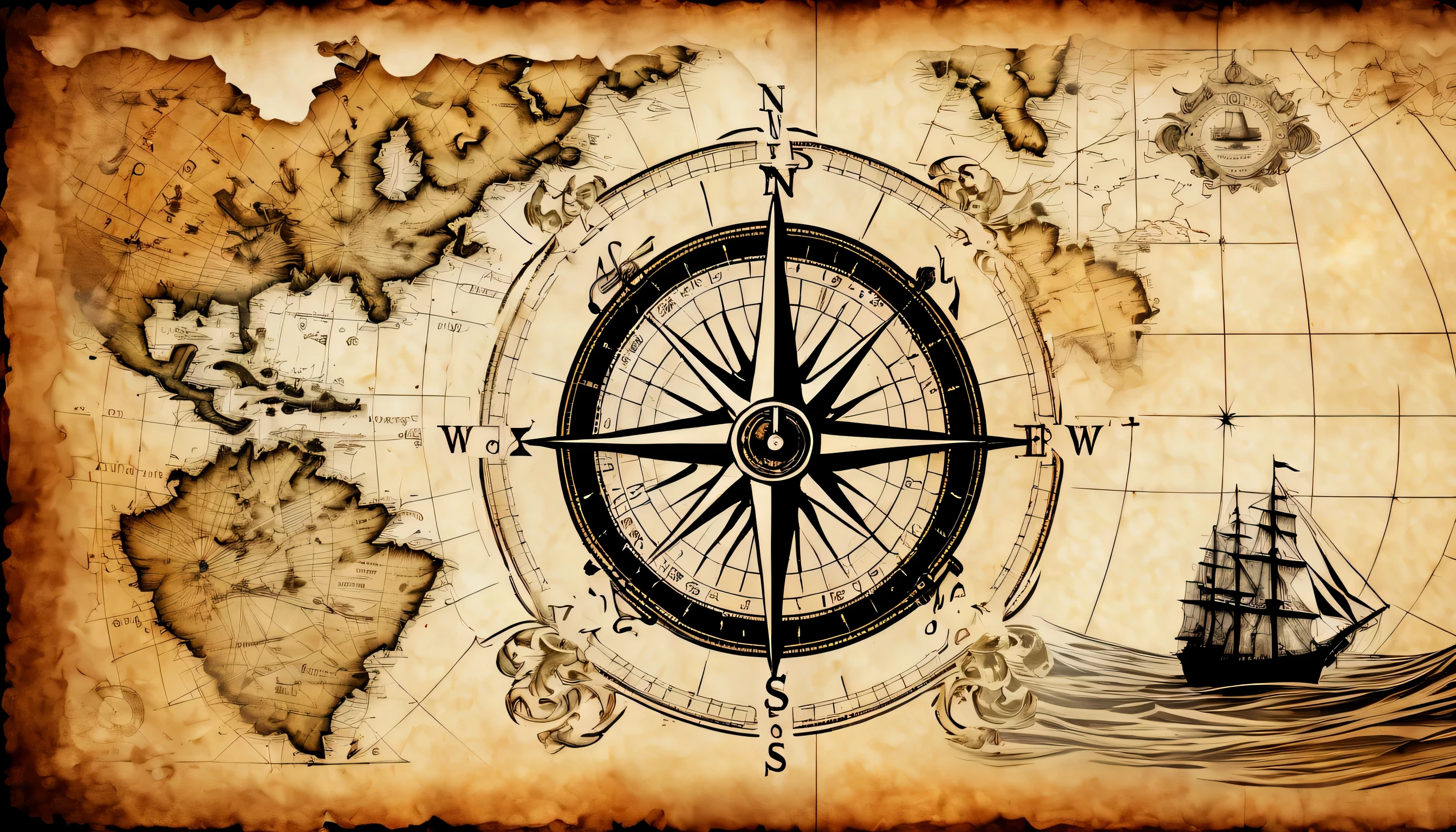 Double exposure of a nautical chart, draw directions on the map, on the map compass, ancient atmosphere paper, Detailed galleon and rough seas background, Intricately detailed digital painting, Beautiful detail shine, high quality, High resolution, Rendering intricate details,