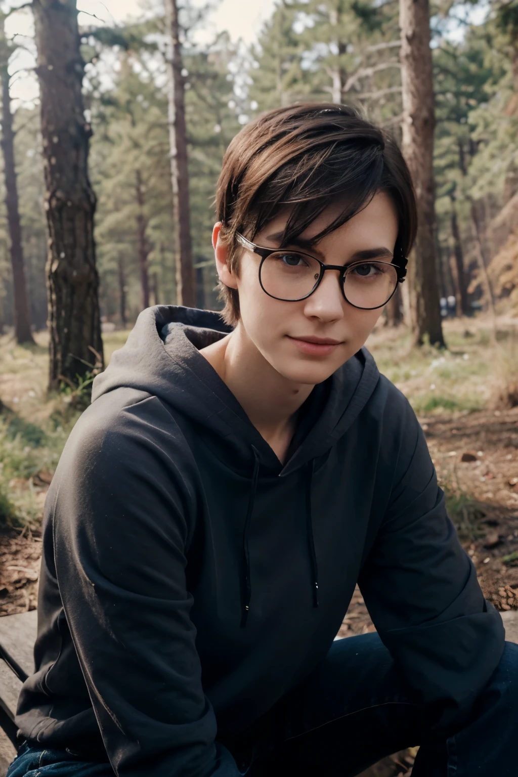 An androgynous female woman with glasses. Very short hair. Short manly haircut. Dark-brown hair with a undercut. Very pale skin with freckles and liverspots. Round soft face. Round soft chin. Round soft cheeks. Curved lips. Long wide nose. Dark brown eyes. Upturned eyes. Very thin, barely visible eyebrows. Long neck. Slim. . Long thick legs. Happy. Smiling. Androgynous. Tomboyish. Wearing a black jeans. A bright blue hoodie. Outside in the winter in a forest.