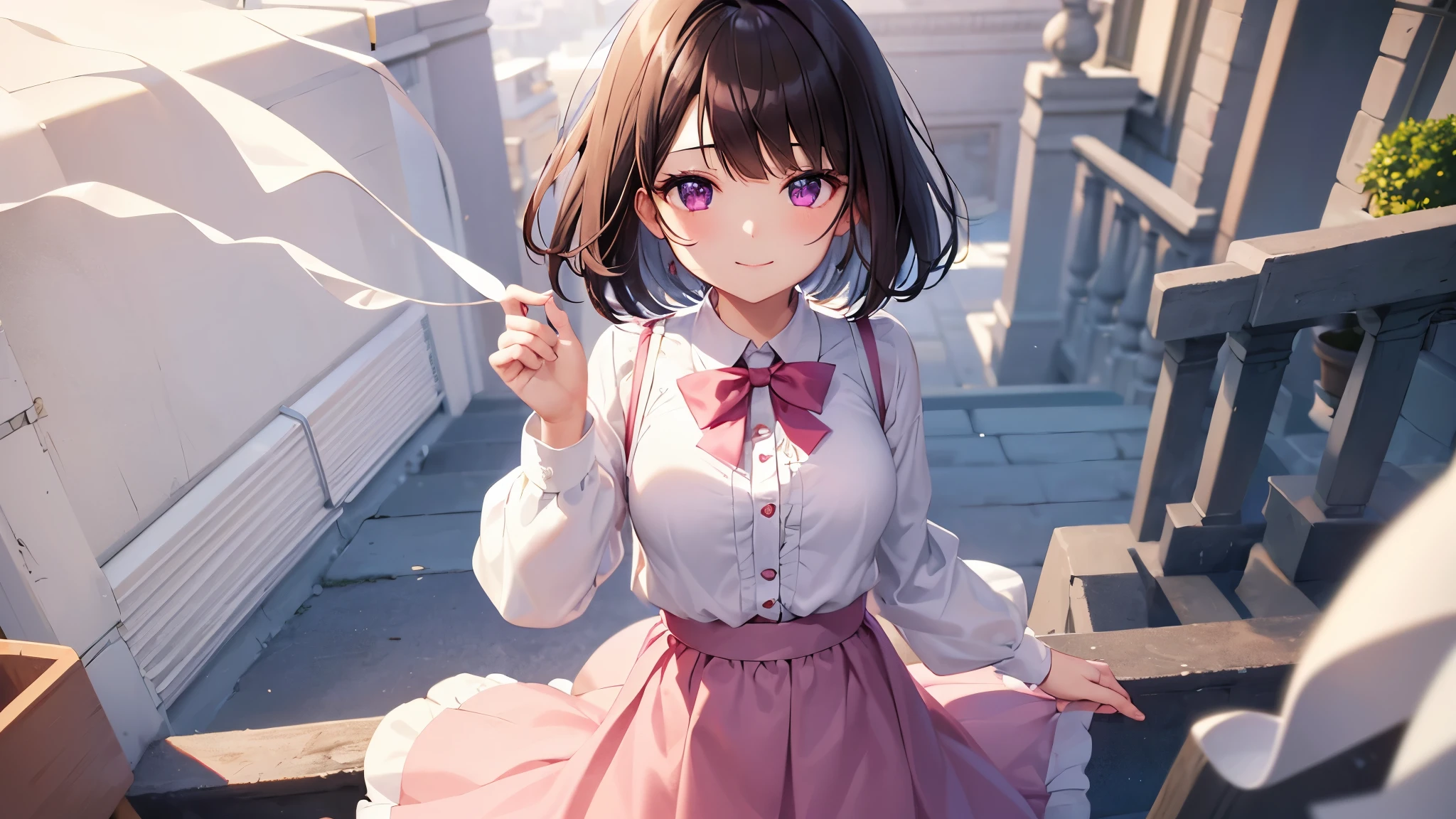 very cute girl、dark brown hair、bob cut、short hair、Violet eyes、smile、Crystal clear white skin、white blouse、pink cardigan、Red skirt、whole body、grassland。