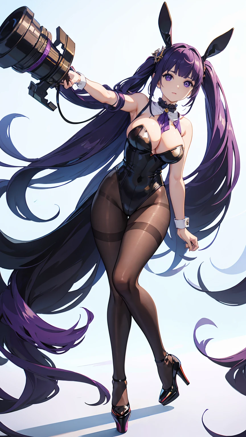 ((masterpiece, high resolution, best quality, best details, anime)), a woman standing in a bunny suit, bunny ears, y black leotard, ((black pane)), platform high heels, long hair, purple hair, purple eyes with black outline, curvy body, full body, large neckline, large breasts,ips, bare shoulders and arms, white background, shadow,