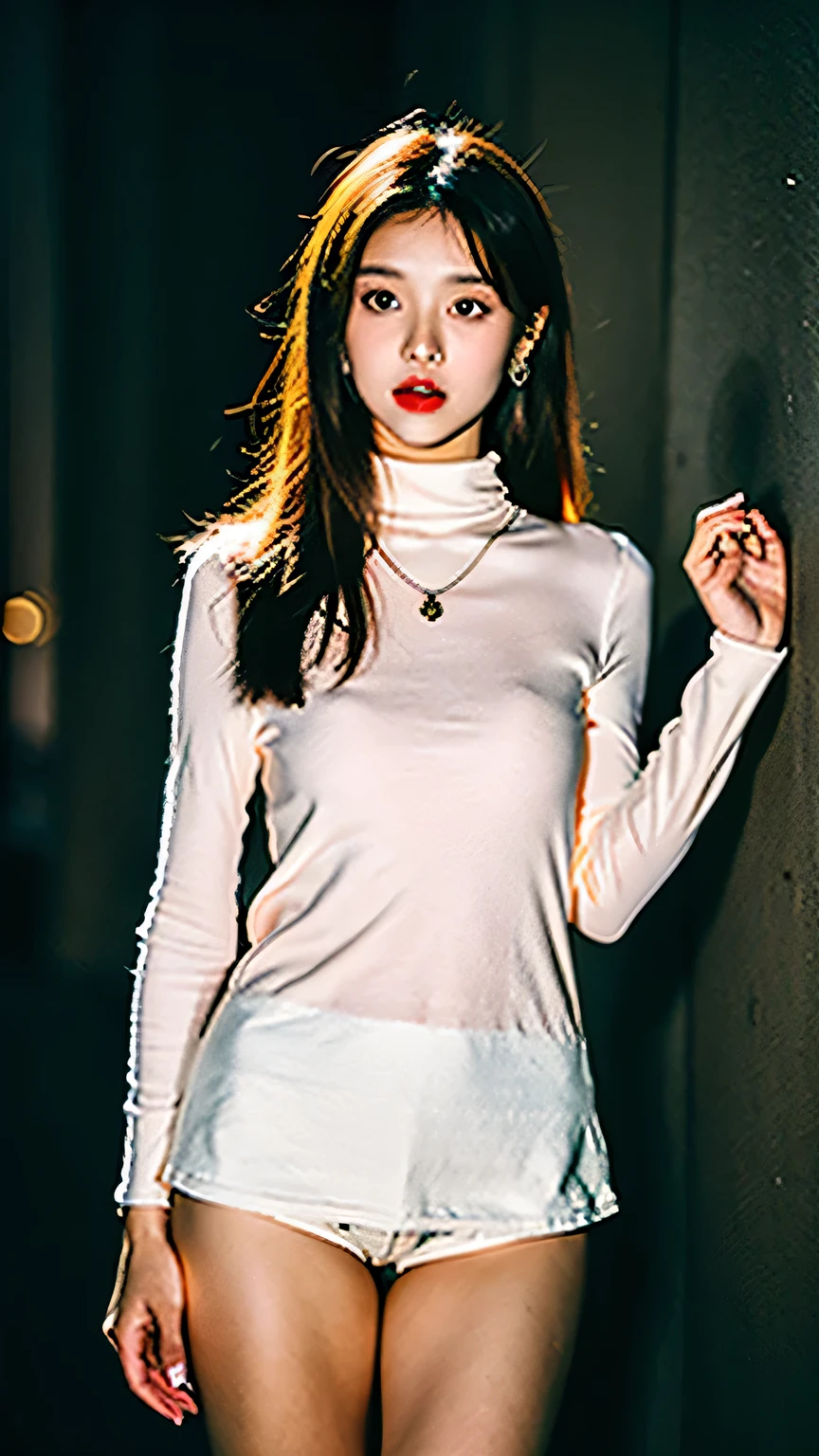 Beautiful girl college student,masterpiece,light makeup,red lips,silver hair,messy long hair,street background,beautiful,grace。super fine details,work,authentic texture,Realistic movie lighting,完美的work,8K,HD,exquisite features,White Skinny Turtleneck Top,White Skinny Shorts,slim body shape,big and bright eyes,,earrings,necklace,whole body