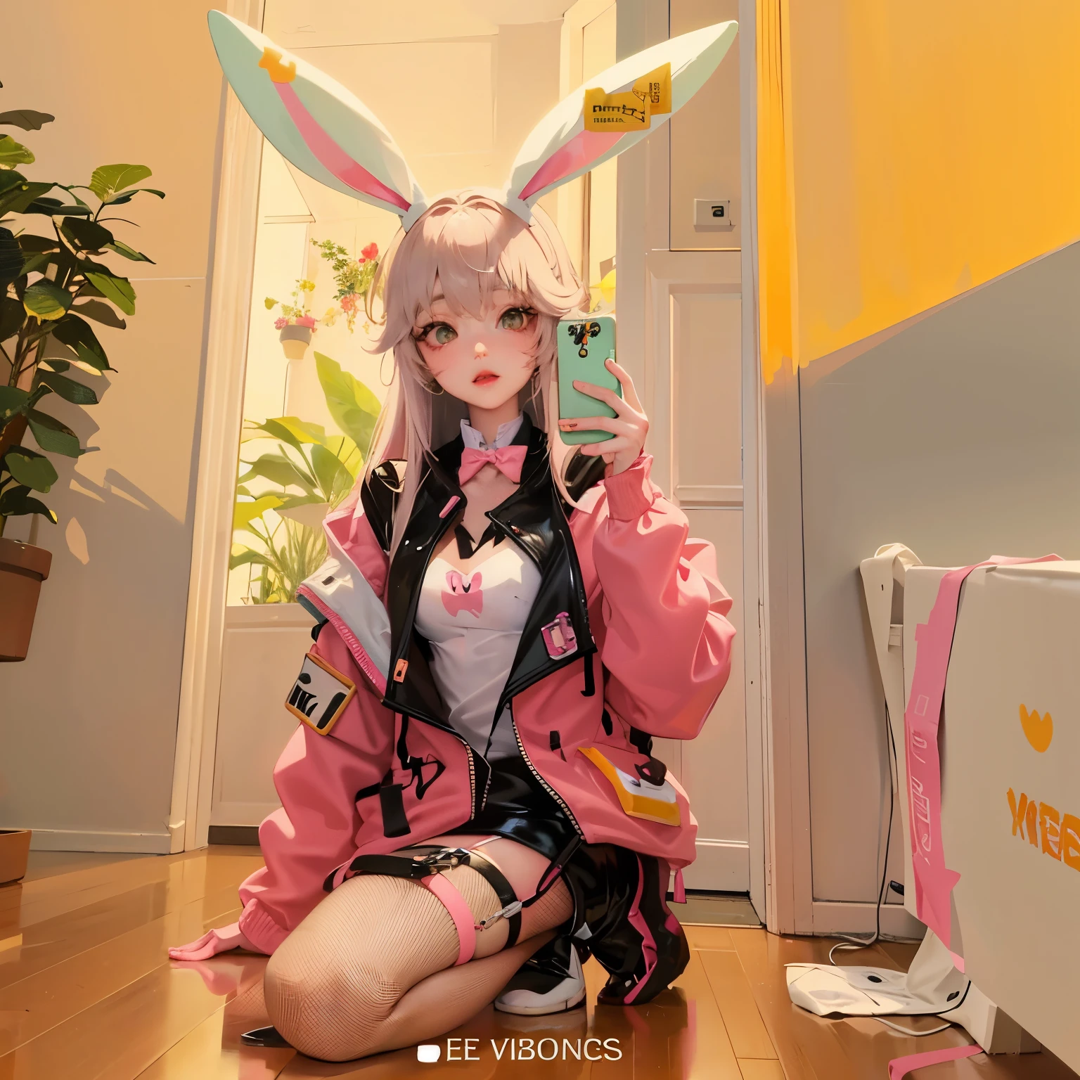 there is a woman in bunny ears taking a selfie, ultrarealistic sweet bunny girl, with long floppy rabbit ears, with bunny ears, wearing a pink rabbit costume, wearing a bunny suit, with bunny rabbit ears, bunny girl, ulzzang, with big rabbit ears, wearing cybernetic bunny ears, e-girl, e - girl, bunny suit