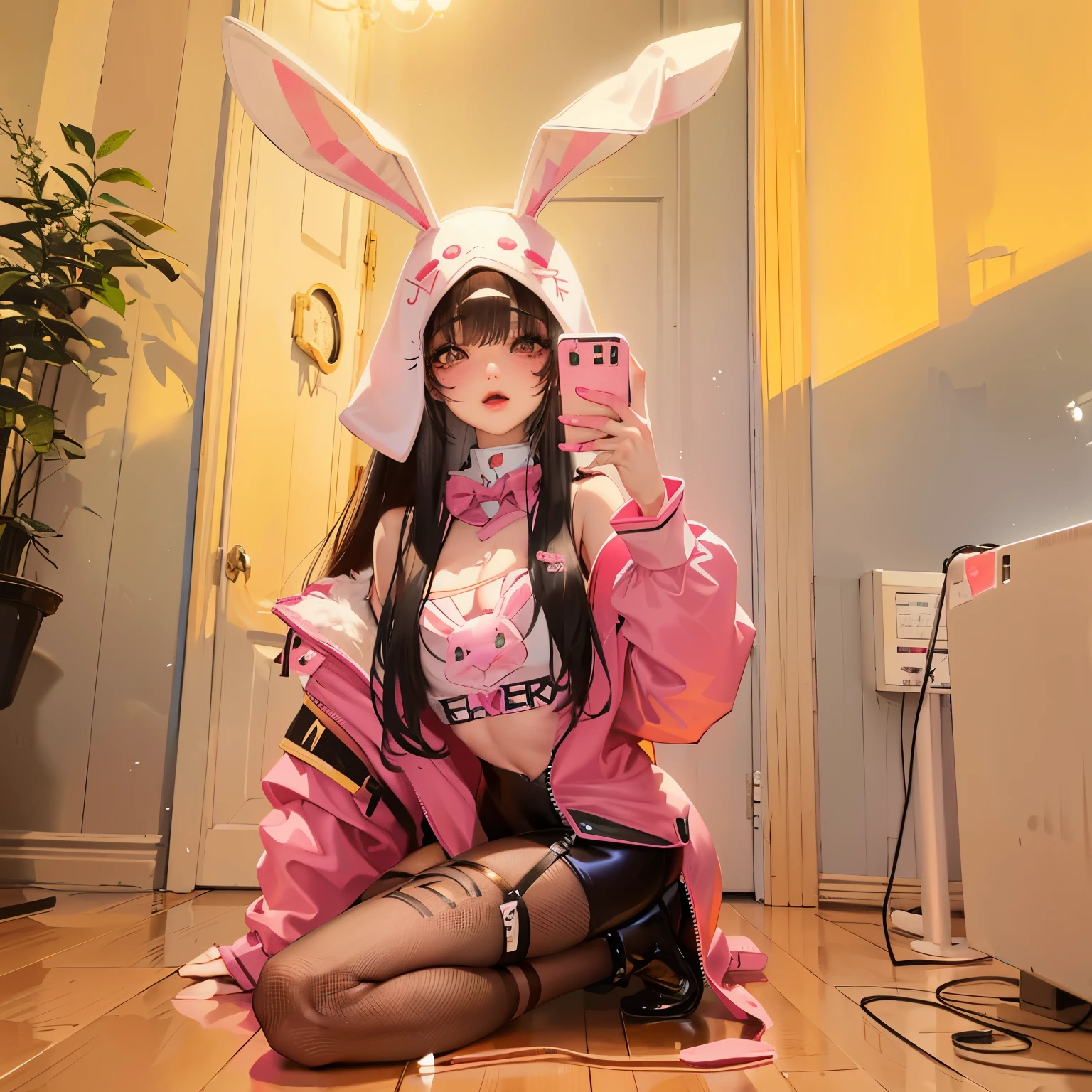 there is a woman in bunny ears taking a selfie, ultrarealistic sweet bunny girl, with long floppy rabbit ears, with bunny ears, wearing a pink rabbit costume, wearing a bunny suit, with bunny rabbit ears, bunny girl, ulzzang, with big rabbit ears, wearing cybernetic bunny ears, e-girl, e - girl, bunny suit