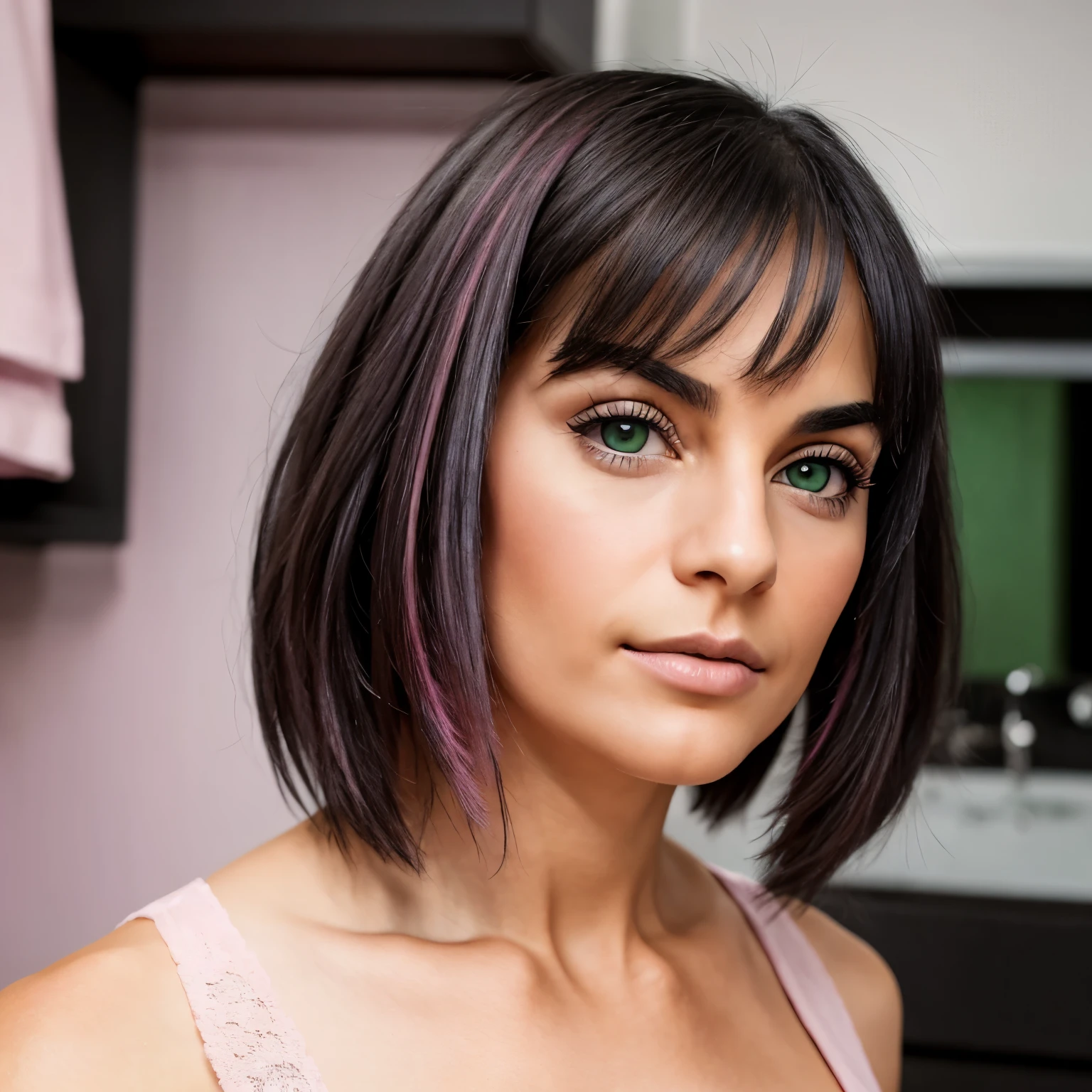 A photorealistic of 30-years-old french girl. mid-length black hair with pink highlights. Persian green eyes.Capture this image with a higth-résolution photograph using a 85mm lens for a flattering perspective.