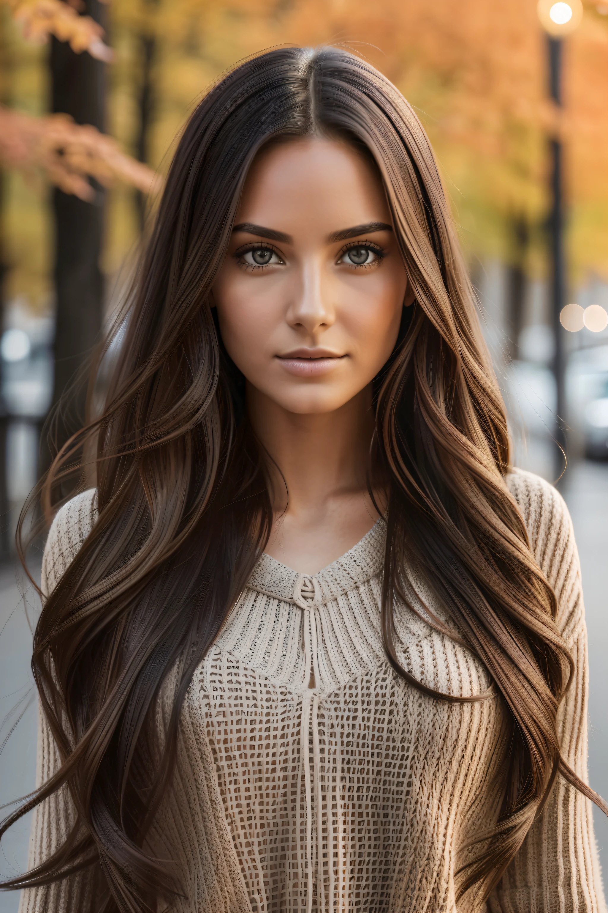 Photograph of a beautiful girl, wear an autumn sweater, long hair on one side, buste lourd 36DD, Look into the camera, eyes symmetrical, symmetrical face, photoreallistic, photographie, Path layout, specular lighting, Volumetric facial light, Hair path, Ombres visibles, complexe, elaborate
