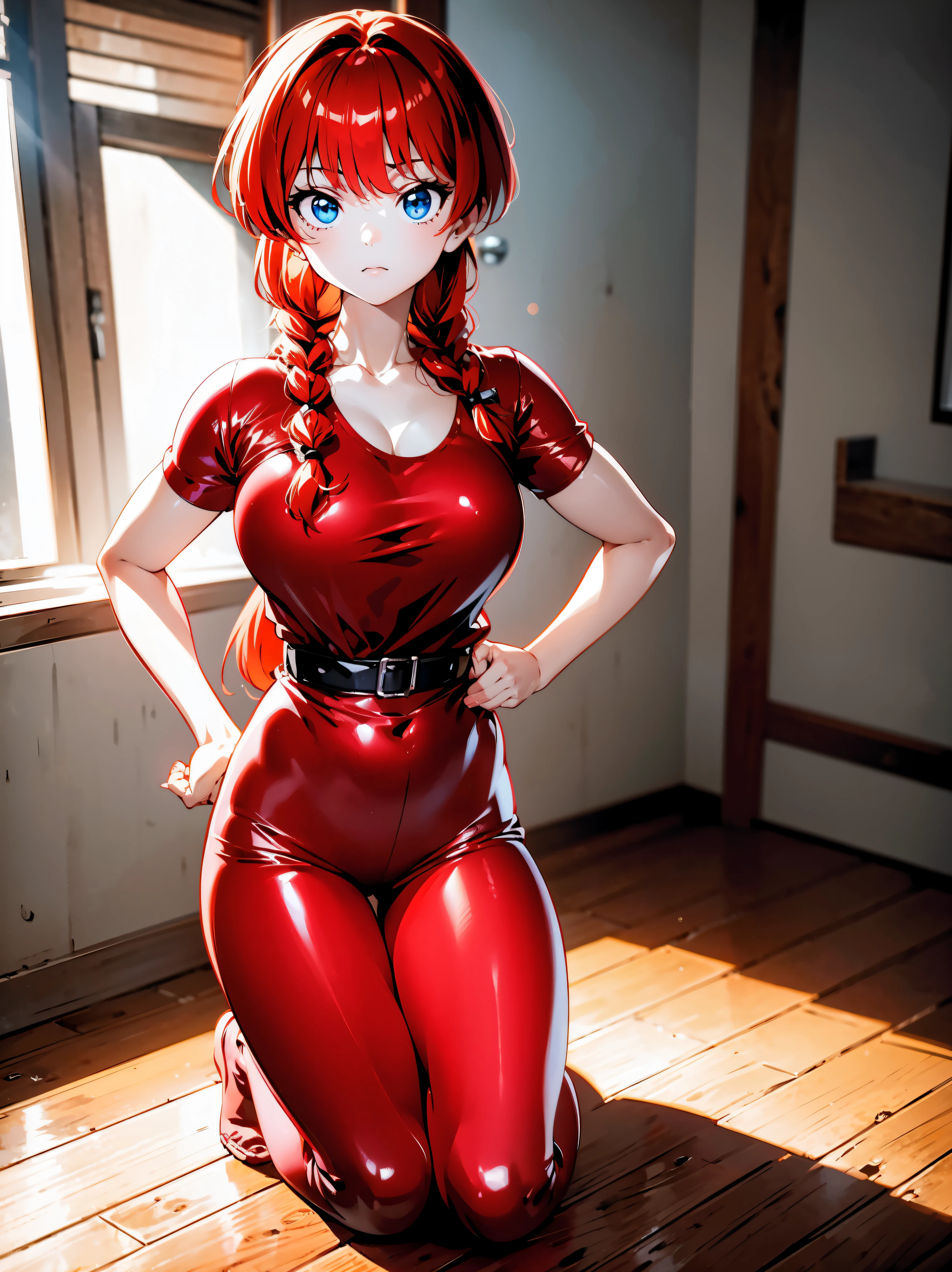 Redhead anime girl wearing pink latex top and black leather pants, 16 anos, corpo bonito, seios grandes,  kneeling on the floor with hands on waist, hands on hip, agachada, red hair with braid, beautiful lighting, olhos azuis, pernas bonitas, hair with braid, estilo anime, Ranma Chan, Autora Rumiko Takahashi, Baseado em obra de Rumiko Takahashi, Anime Ranma 1/2, seios grandes, decote sexy, quadril robusto, corpo inteiro, corpo inteiro, Seios lindos, garota jovem com corpo belo e bonito, sombreamento suave