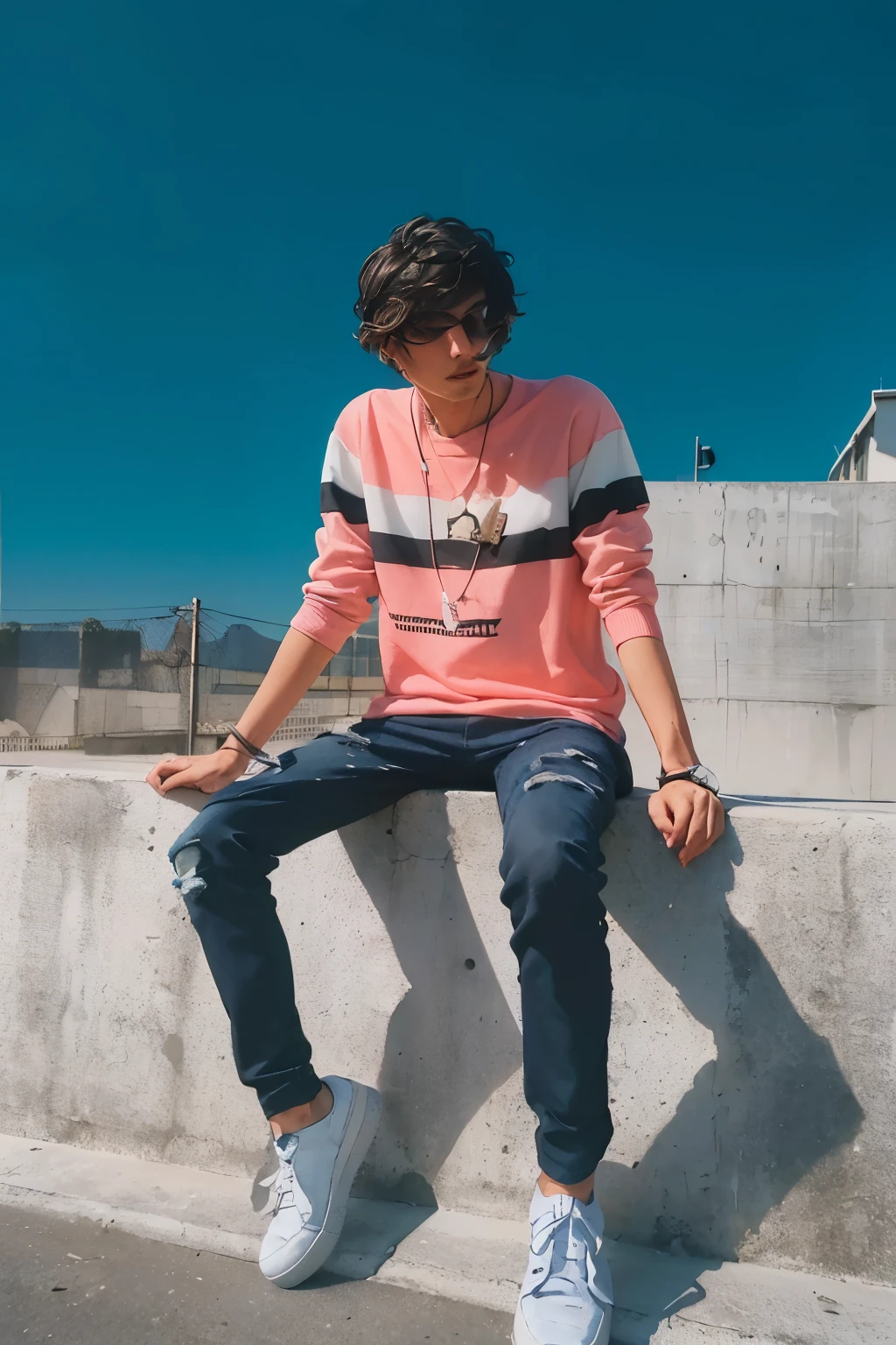 arafed man sitting on a wall with his feet on a skateboard, mohamed chahin style, very very low quality picture, with a cool pose, full body picture, casual pose, stylish pose, cool pose, edited in photoshop, high quality picture, casual photography, zigor samaniego style, low quality photograph, profile pic, full body photogenic shot