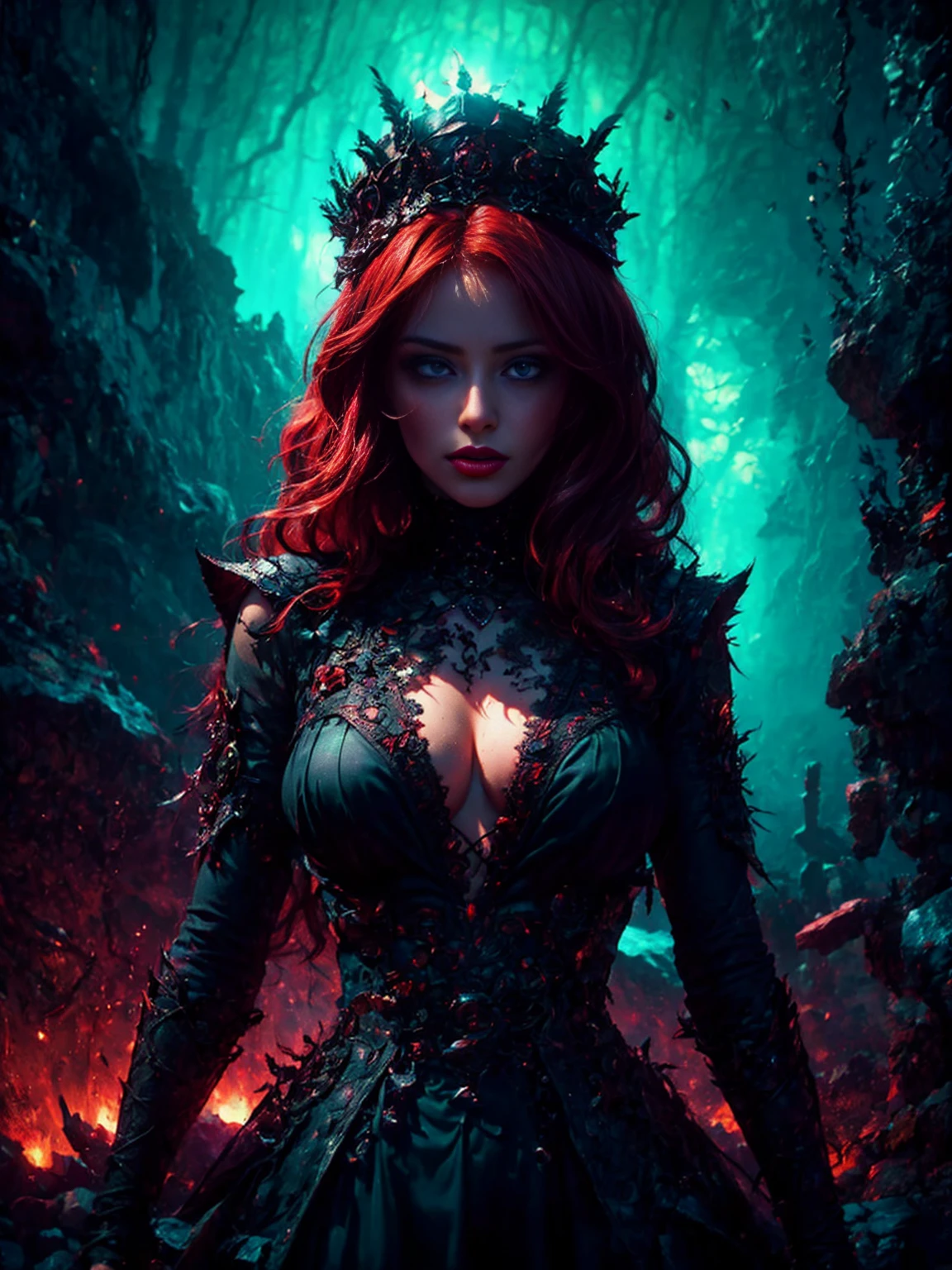 extreme dark forest in background, colorful. sinister, Aurora, mythical and magical, erotic pose, pore red hair, , big eyes, body covered with tattoo, red lips, erotic, dark light, black dress, sharp image, high resolution, super detailed image,