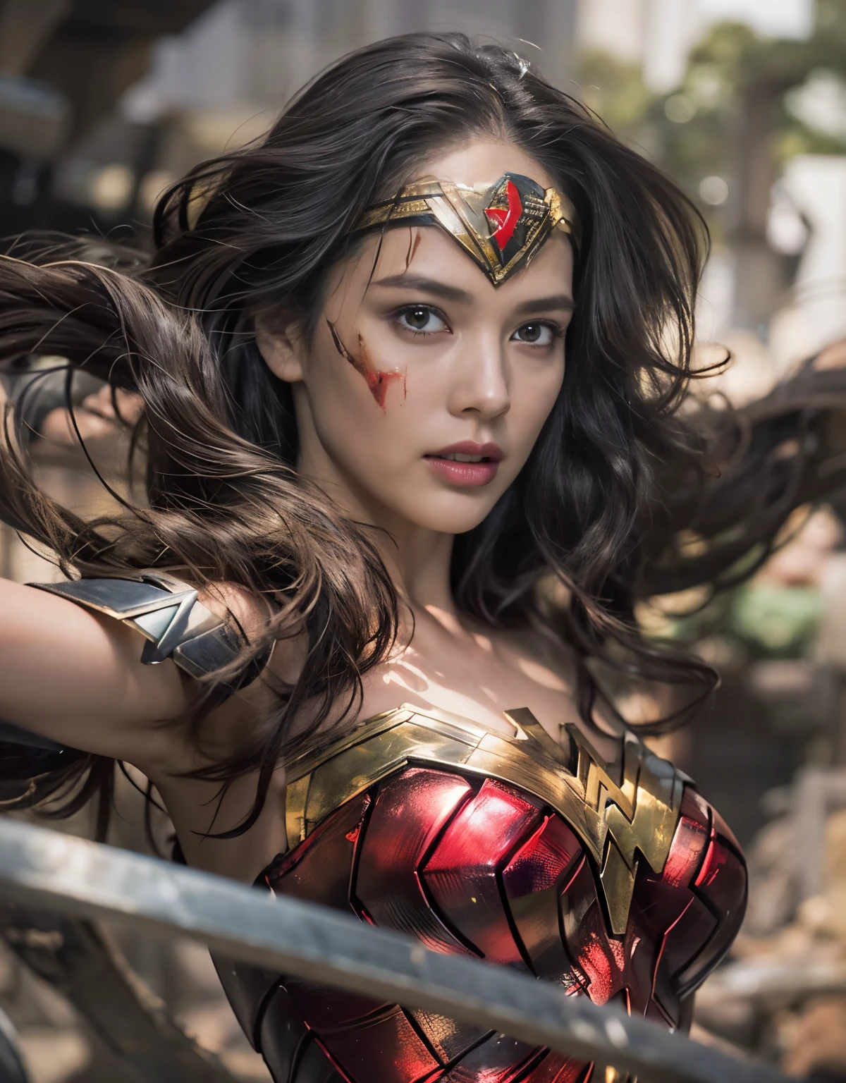 (wonder woman battle)、Wonder Woman captured by several men,Wonder Woman being held down by several men,wonder woman fighting bad guys,robberyと戦うワンダーウーマン,Wonder Woman attacked by bad guys,robberyに襲われるワンダーウーマン,Wonder Woman Defeated,Wonder Woman Devastated,injured wonder woman,highest quality、masterpiece、Super high resolution、(Photoreal:1.4)、、robberyと戦うワンダーウーマン、(wear wonder woman costume)、glowing skin、(((dark fantasy)))、(robbery、Thugs、A fierce battle between the villain and Wonder Woman),(fight fiercely against aliens)、fight fiercely、(Background of decaying dungeon ruins)、(Wonder Woman and the fight against villains)、(Small LED)、((Super realistic details))、Portrait,global illumination、Shadow、octane rendering、8K、super sharp、big breasts、The bare skin of the cleavage is exposed、Metal、intricate decorative details、Japan details、very intricate details、realistic light、(Mystical expression),CG Society Trends、red eyes、shining eyes、towards the camera、neon details、、Small LED、two stock、(robberyの襲来)、(死闘でinjured wonder woman)、