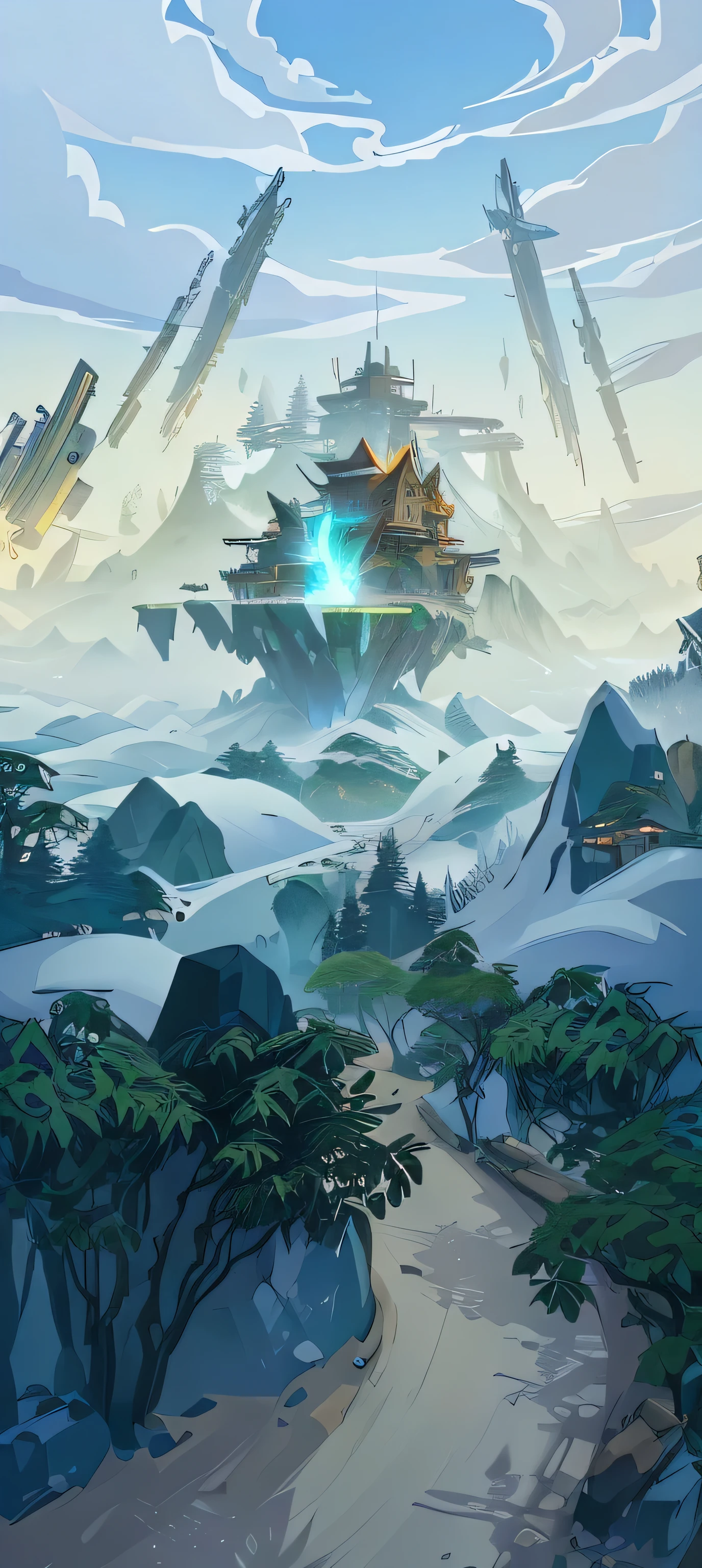 There is a cartoon picture,a mountain,There are a bunch of trees, background art, avatar scenery, background artwork, background air combat, sky forest background, Odin'Slate arena background, mobile game art, Onmyoji Detailed Art, Depicted as game concept art, mobile game background, Detailed game art, Stunning mysterious background, island background