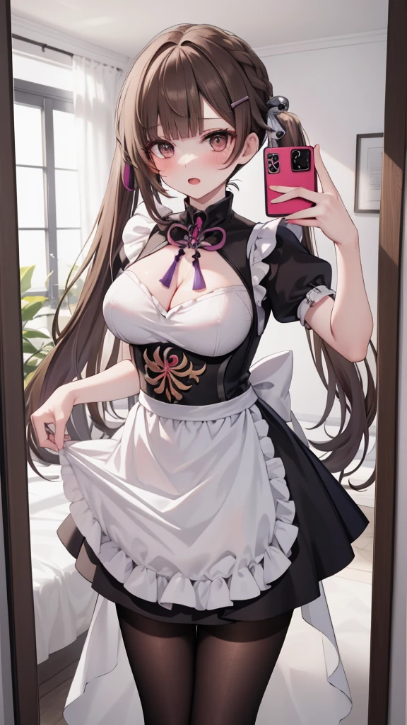 best quality, masterpiece, soft lighting, highresmasterpiece, best quality, sushang, long hair, twintails, darkbrown hair, 1girl, breasts, pantyhose, hairclip, open mouth, looking at viewer, apron, maid, black pantyhose, black dress, frills, short sleeves, jewelry, blush, maid apron, large breast, multicolored hair, masterpiece, best quality, highly detailed,pleading face, masterpiece, best quality, ultra-high-detailed, mirror, selfie, holding phone, skirt lift, skirt holding
