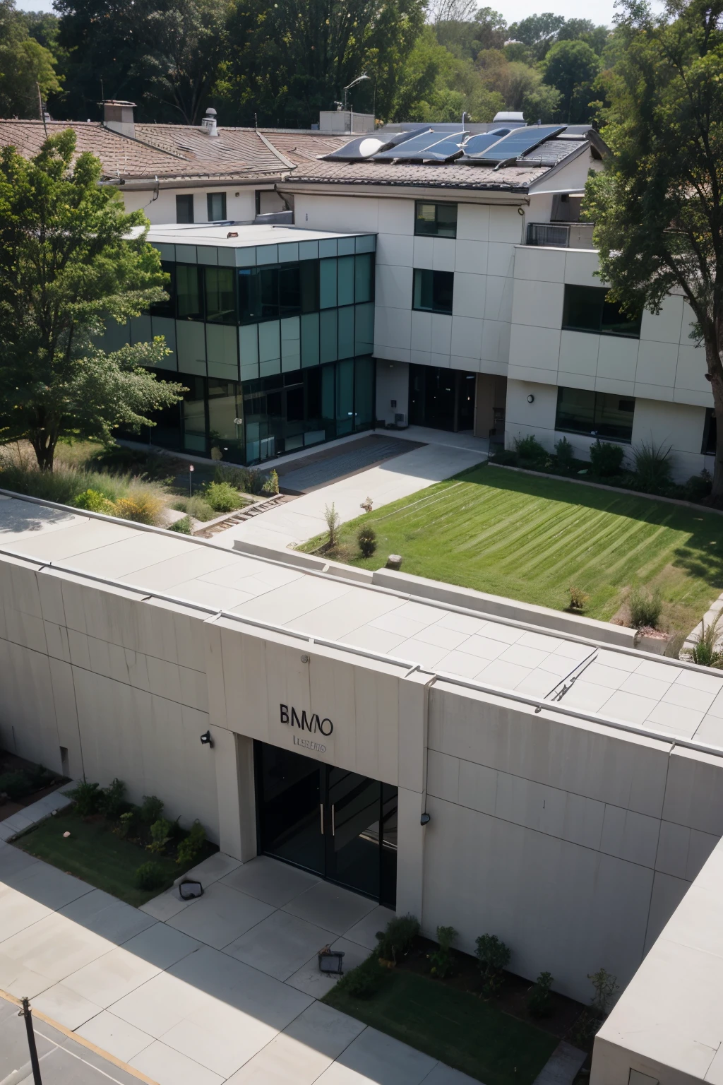  LEED Platinum-certified modern workspace with solar energy, water conservation practices, biophilic design, and modern architectural, make architecture master , outside ,droneshot