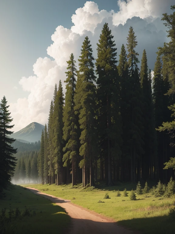 A forest with huge trees. The atmosphere is cold and dew wets the plants on the ground. In the distance you can see a deer and behind it you can see mountains immersed in clouds